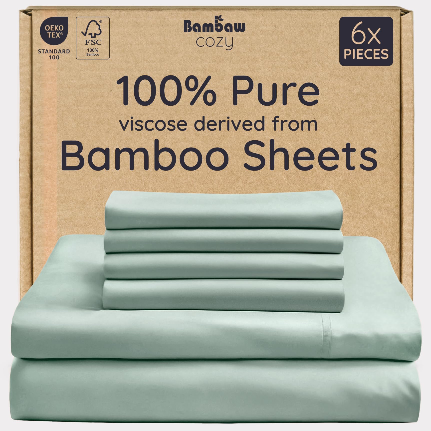 Bambaw King Sheet Set 6pcs – 100% Viscose Derived from Bamboo Sheets King Size Deep Pocket, Fits Up to 16'' with Elastic Corner Straps, Soft Cooling Sheets for Hot Sleepers (Sea Glass)