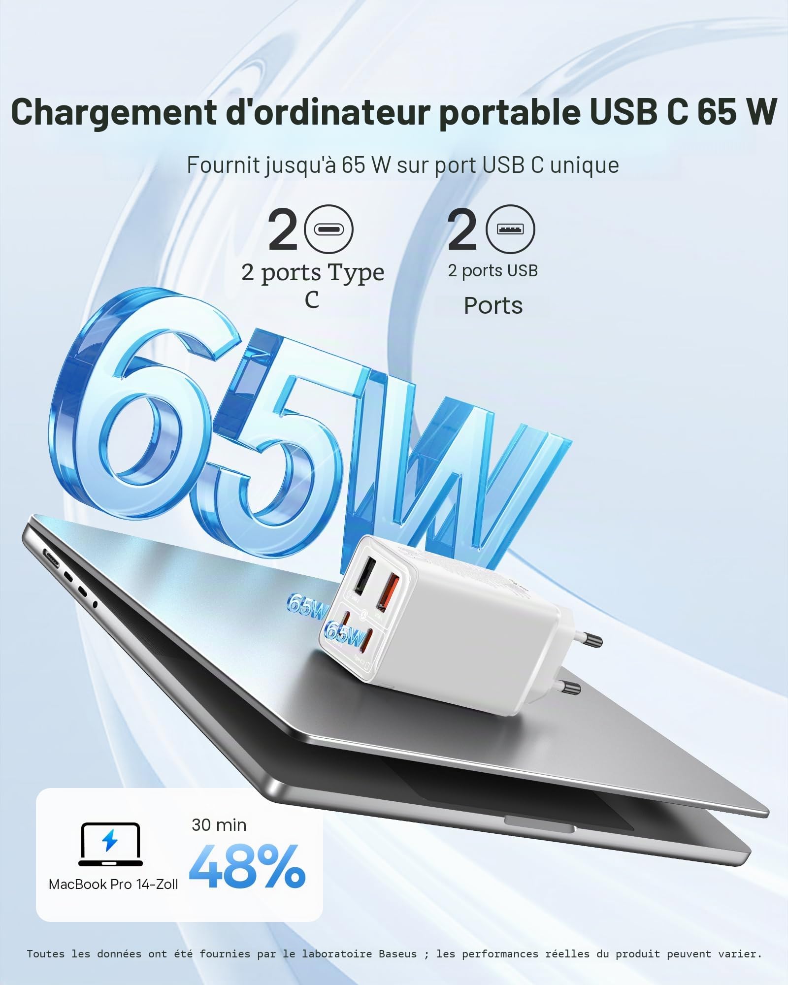 Baseus 65W Chargeur USB C Rapide 4 Ports avec GaN 6 Tech Compatible avec MacBook Pro/Air, Surface, Laptop, iPhone 15-12 séries, Pixel, Galaxy, Blanc