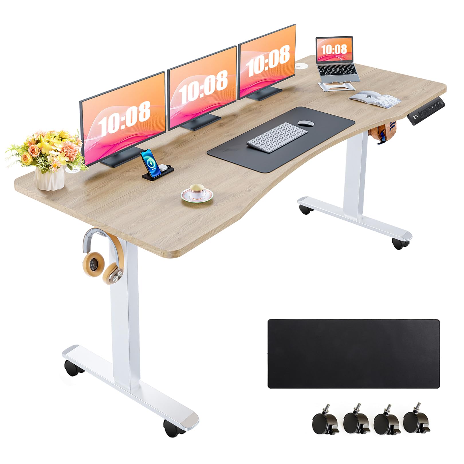 farexon Electric Standing Desk Adjustable Height,63x24 Inches Stand Up Desk with 4 Preset Heights, Lockable Casters,Double Hooks,27.5''-46.5'' Lifting