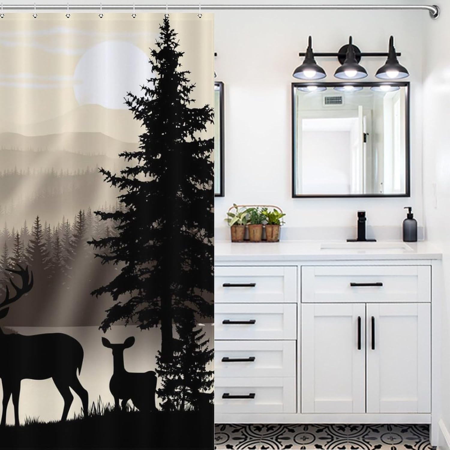 Retro Bear Shower Curtains,Farmhouse Cabin Lodge Country Forest Hunting Wild Animal Elk Retro Style Waterproof Fabric Bath Shower Curtain Set with Hooks,72x78Inch