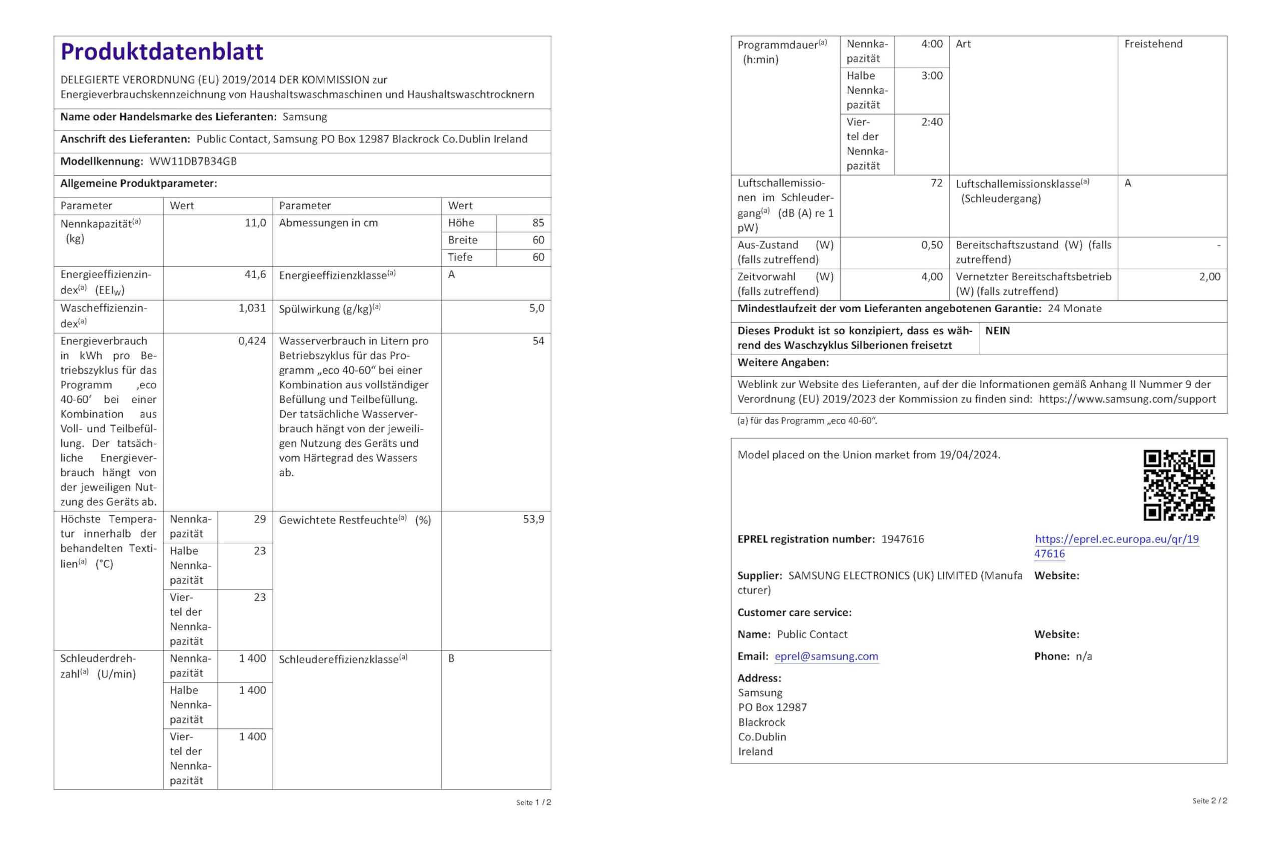 Samsung WW11DB7B34GBU2 Bespoke Waschmaschine, 11 kg, 1.400 U/min, Extra energiesparend, EEK: A (-20 Prozent), AI Ecobubble, SuperSpeed 39 Min, AI Control, SmartThings App, AI Energy Mode, Schwarz