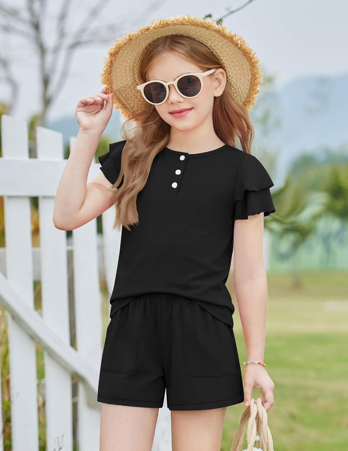 Arshiner Girls Summer Outfits 2 Piece Sets Ruffle Short Sleeve Button Down Shirts and Shorts Set Kids Clothes with Pockets - Image 4