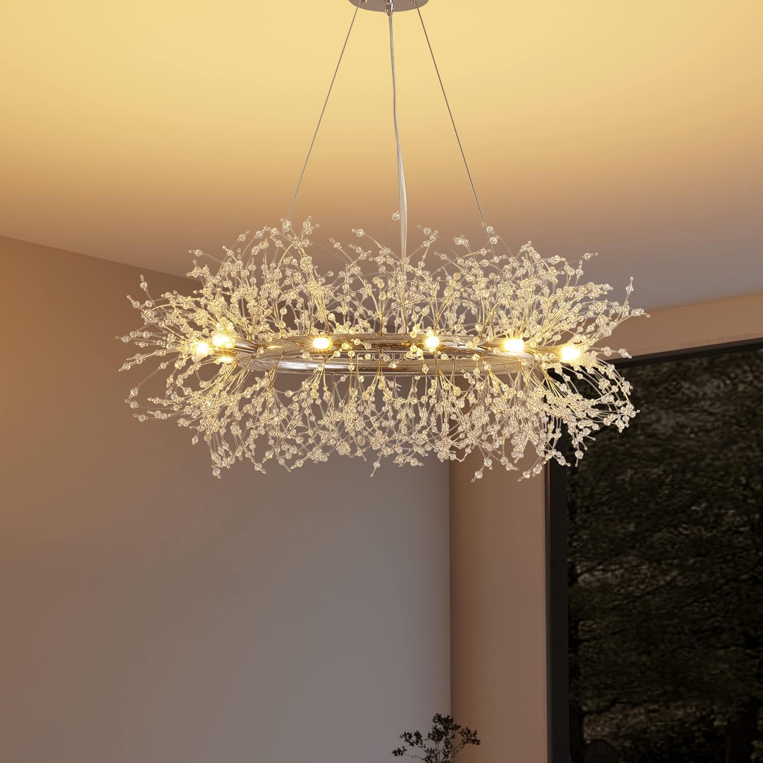 KXEcoLife Elegant Crystal Round Chandelier - Modern Silver 39.5" Large Ring Light Fixture for Living Room Dining Bedroom Kitchen Décor Stunning Illumination and Style