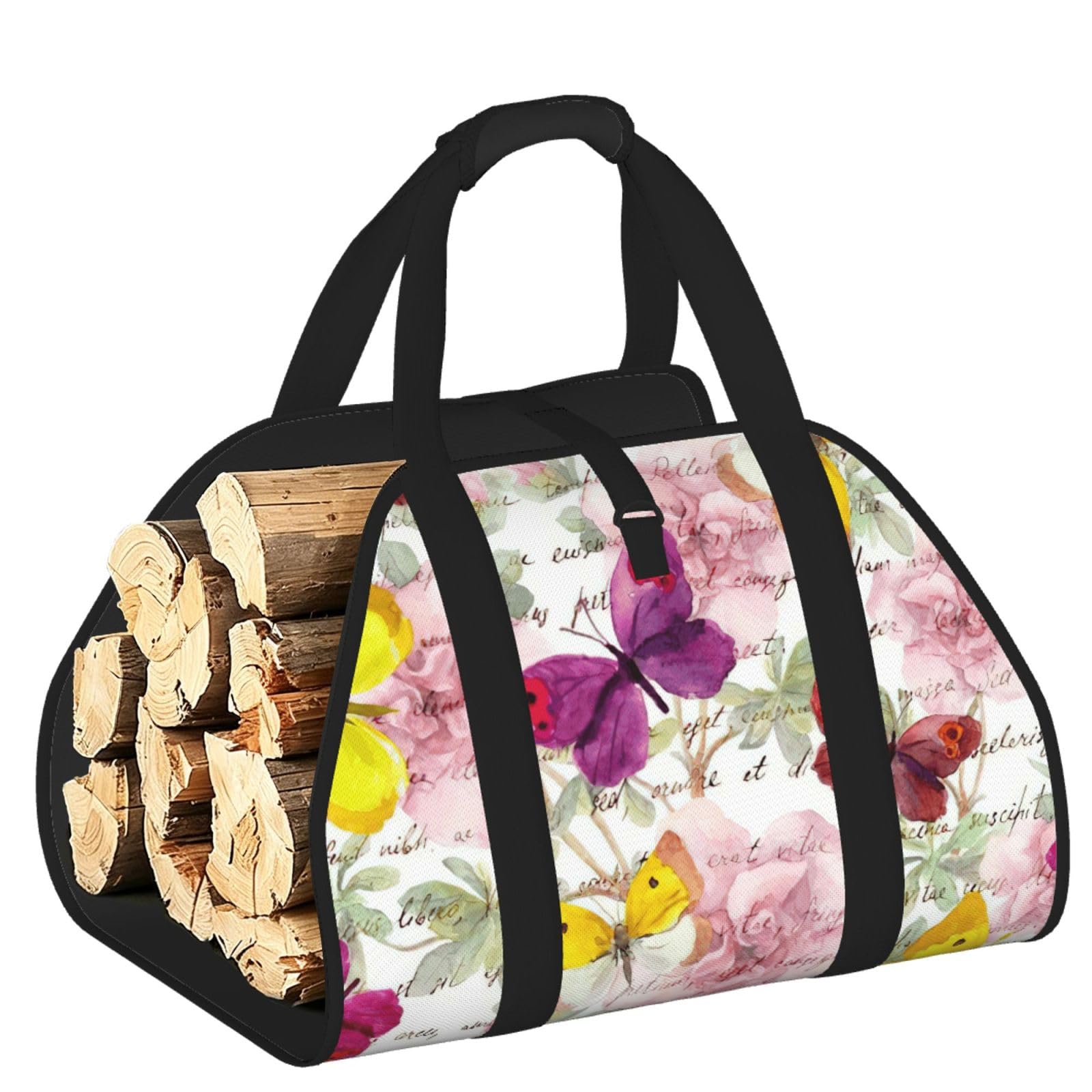 Pphgut Black Butterfly Print Firewood Bag Wood Carrier Transport Sack Camping Picnic Storage Daily Home