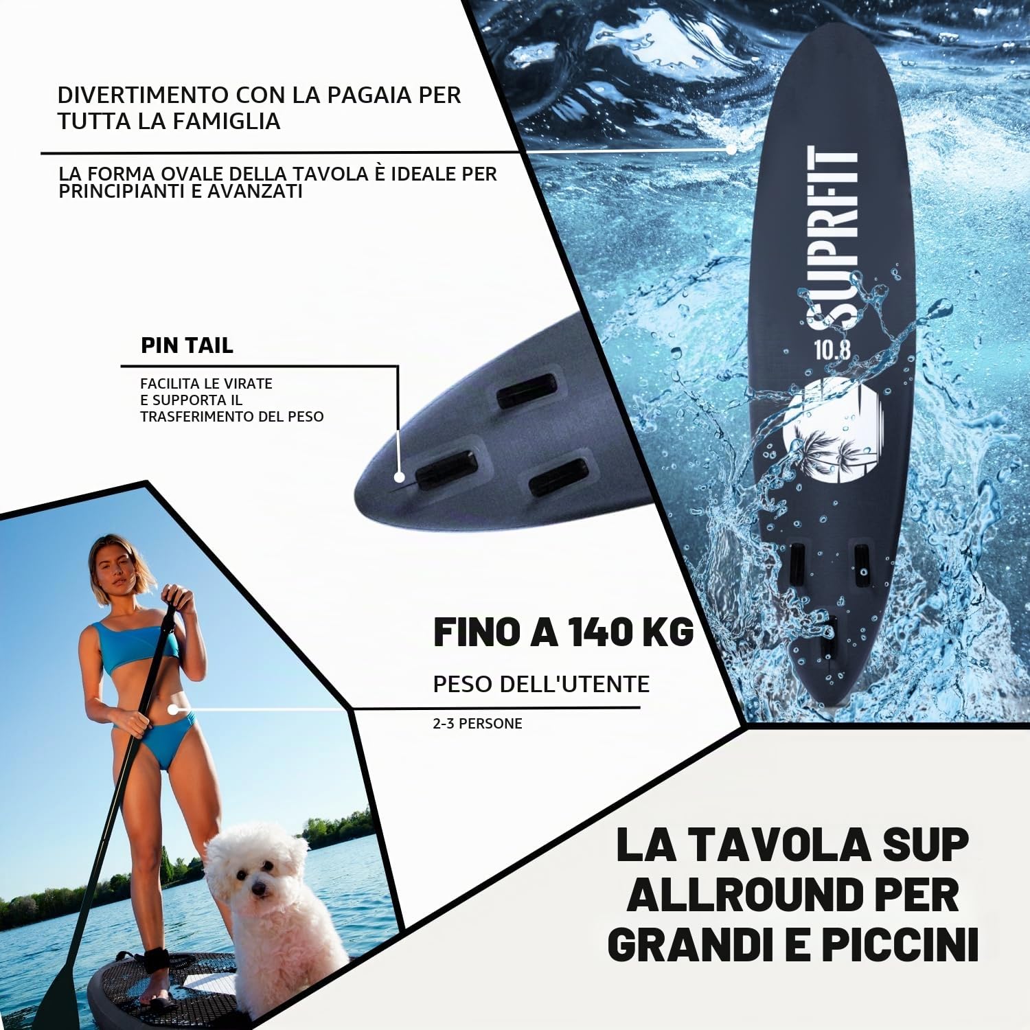 Suprfit tavola da SUP | Stand Up Paddle Board | Set Completo: tavola, Custodia, pagaia, Pompa, Laccio di Sicurezza, Set di Riparazione | Struttura Stabile con Doppio Rivestimento | Vari Modelli