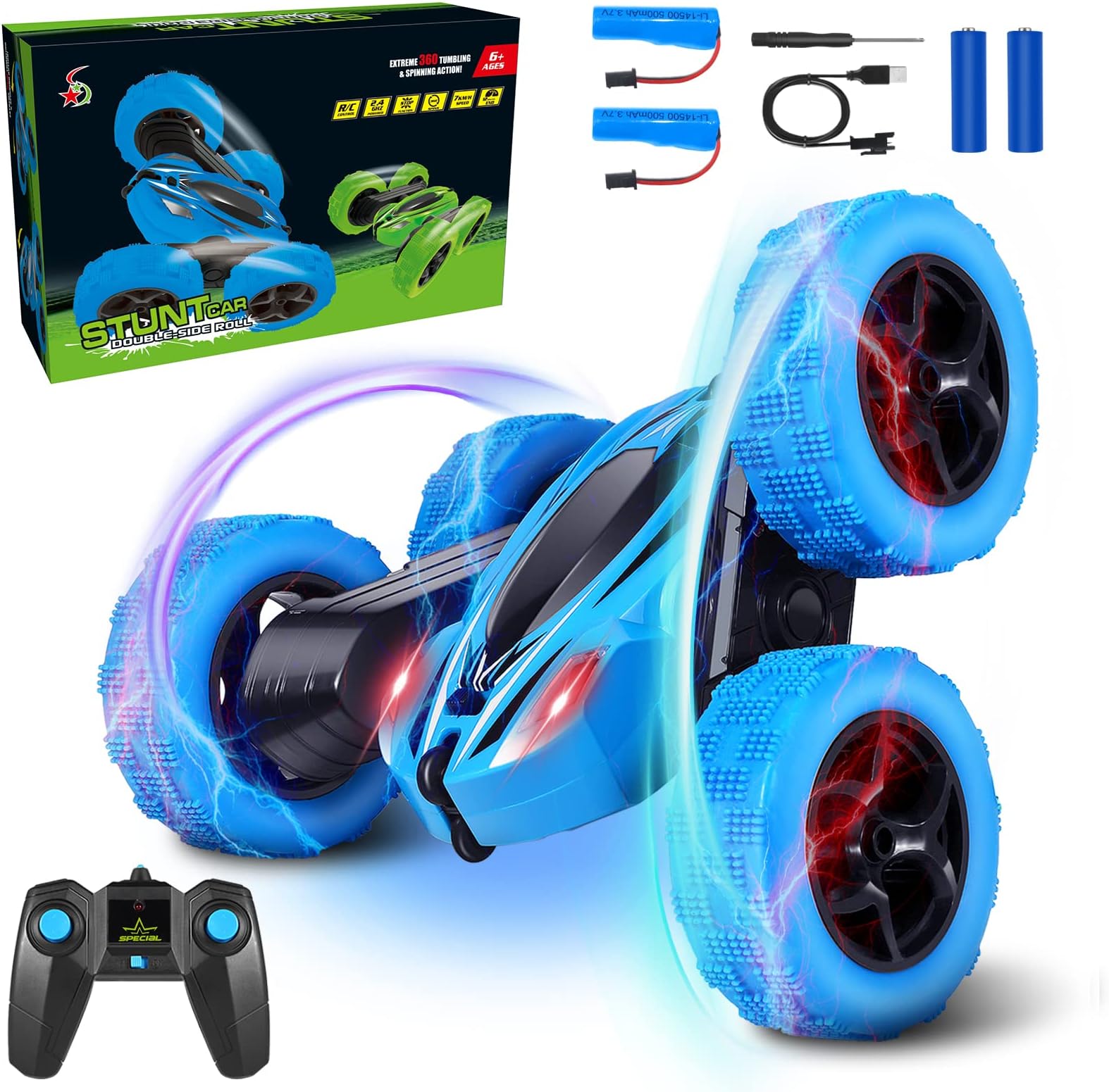 Remote Control Car, Drop Resistant RC Cars for Kids 2.4GHz Double Side Stunt Car with Headlights 360° Rotation, Suitable Vacuum Tires for All Terrains Remote Control Toys with 2 Rechargeable Batteries