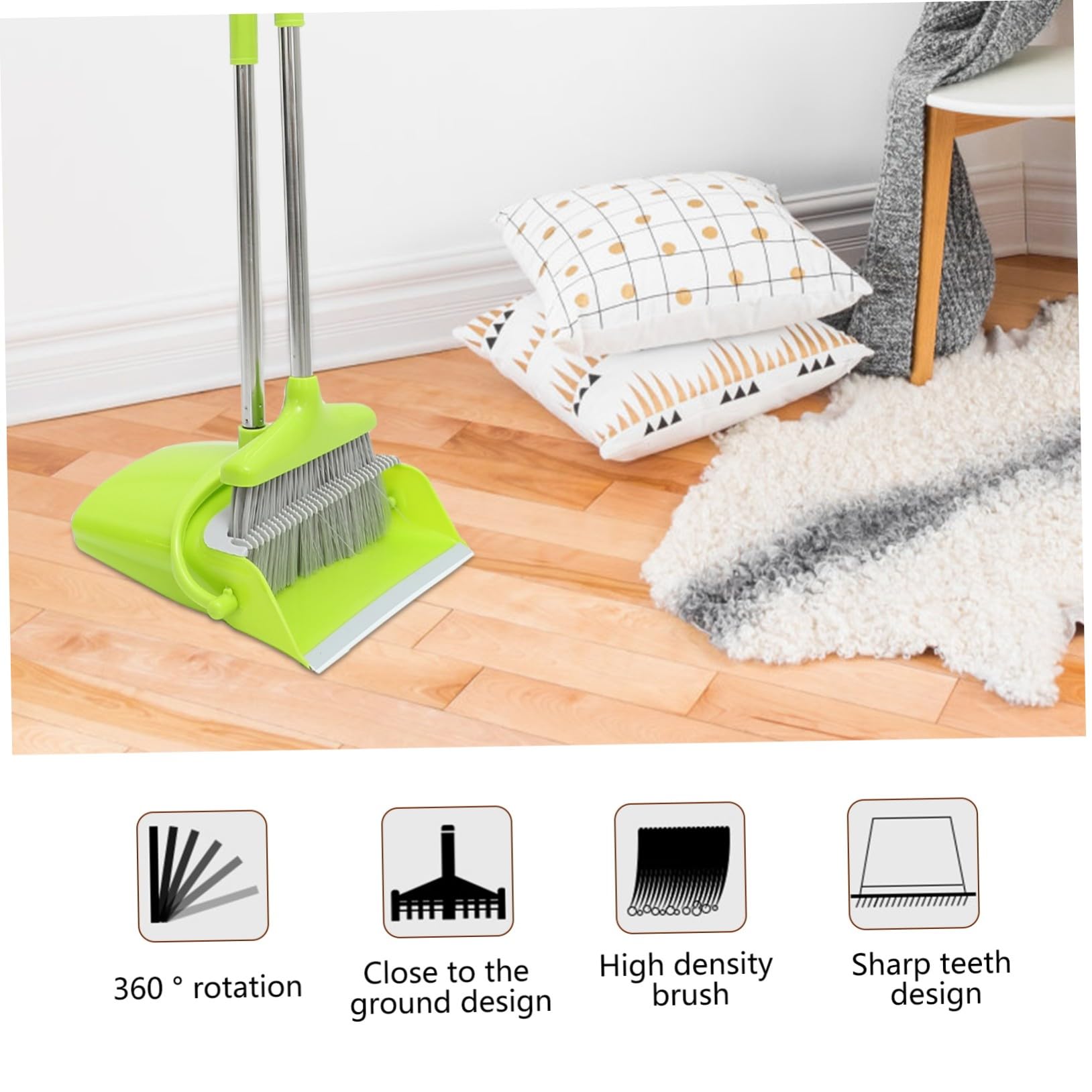 Escoba y Recogedor de Acero Inoxidable Verde, Kit, Herramienta de Limpieza para Suelos, Almacenamiento Compacto, para Hogar, Oficina y Uso Interior, Limpieza para Toda la Familia