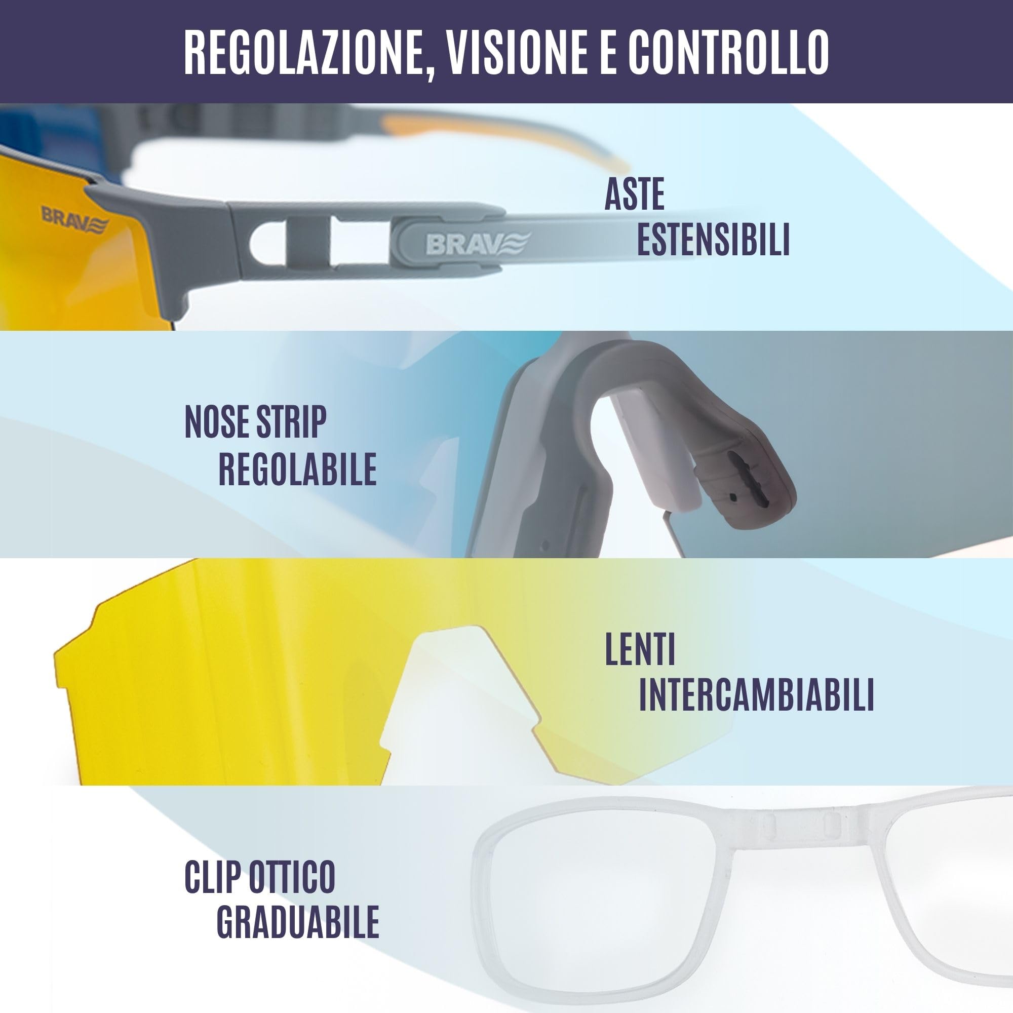BRAVE ACTIVE - Occhiali sportivi polarizzati UV400 per corsa, ciclismo, MTB e neve - 25 g ultraleggeri con lente intercambiabile - montatura TR90 - Slip Nose e stanghette antiscivolo - CE