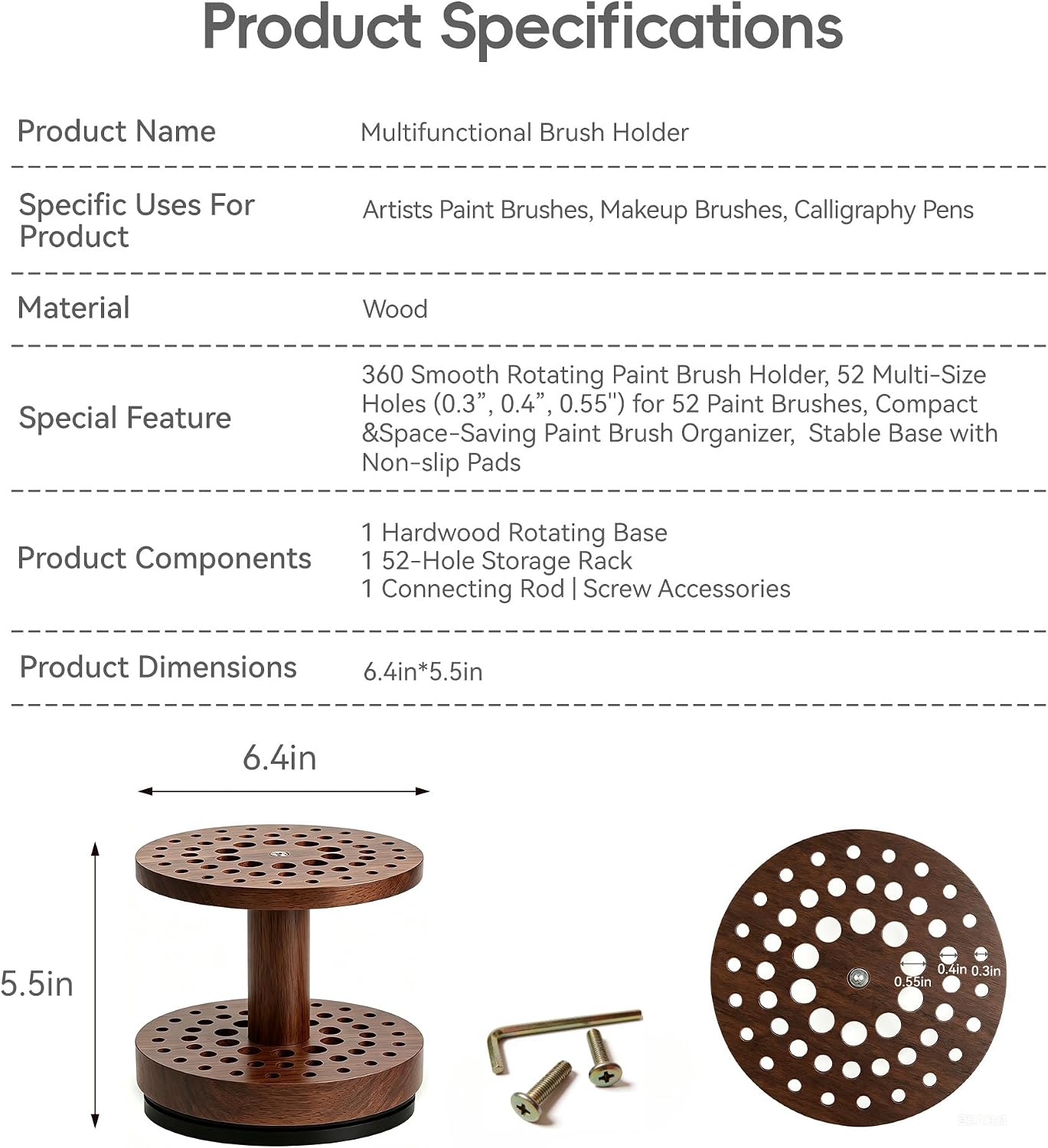 360° Rotating Brush Storage Rack|52-Hole Brush Holder|Hardwood Storage Stand|Space-Saving Brush Organizer|Suitable for Artist Brushes,Craft Tools, Makeup Brushes,Calligraphy Pens (Brown)