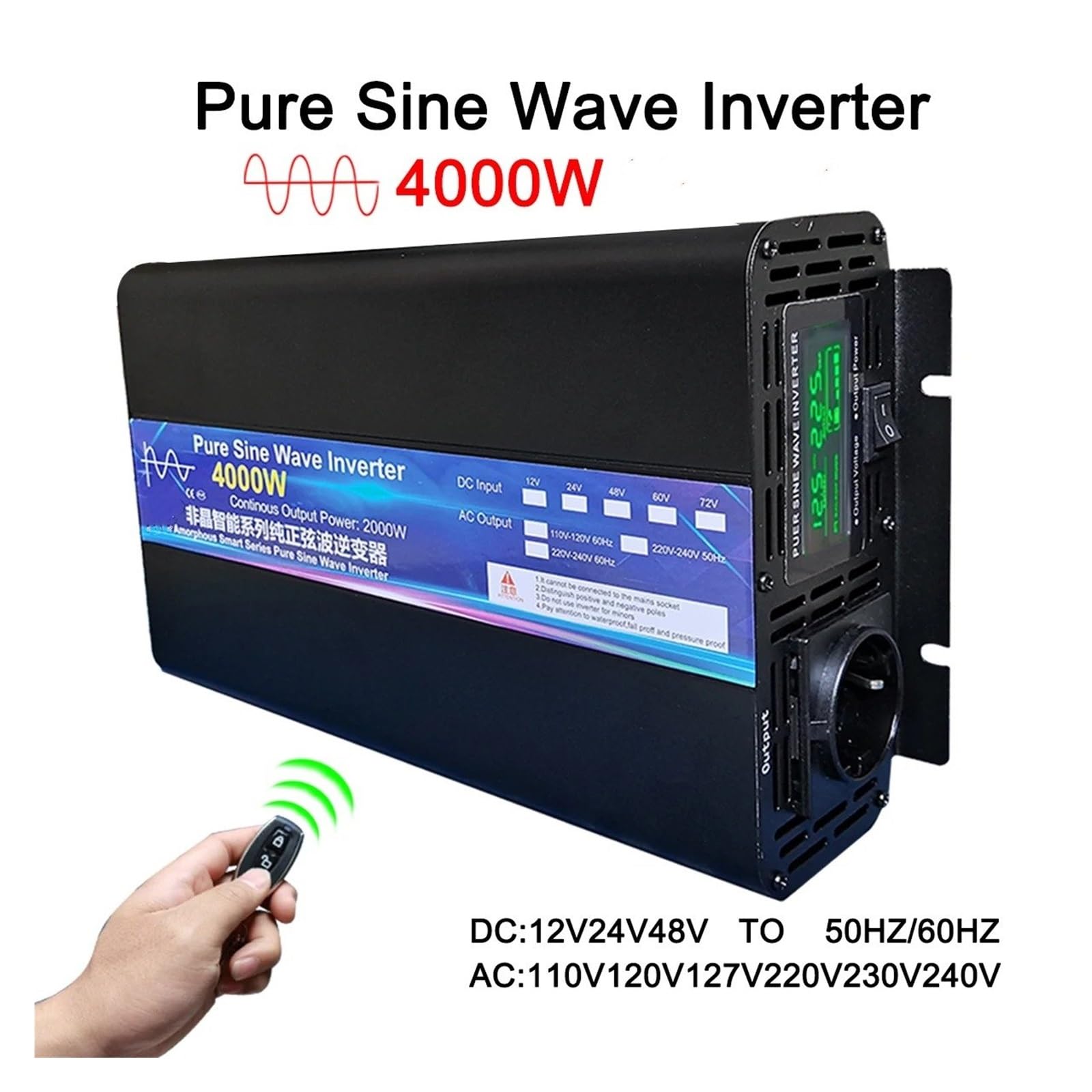 Inversor Potencia Onda Sinusoidal Pura 2000 W 4000 W CC 12 V 24 V 48 V A CA 110 V 127 V 220 V con Control Remoto Solar para Coche Portátil(12V,220V-240V 60Hz,Europe)