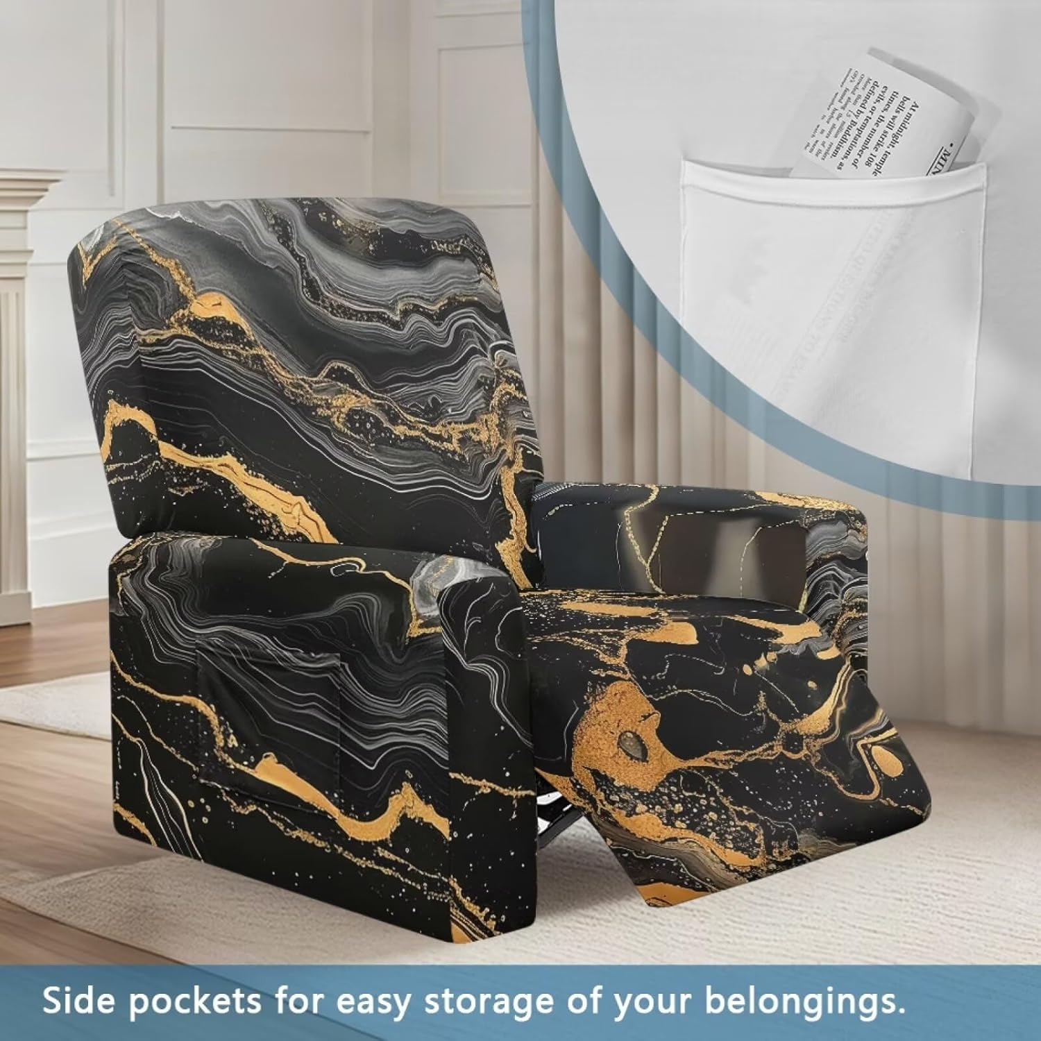 Marble Print Reclining Slipcover for Large Recliner Chair, Anti Slip Single Seat Sofa Protector with Storage Pocket, 4 Piece Set Recliner Chair Covers That Stay in Place