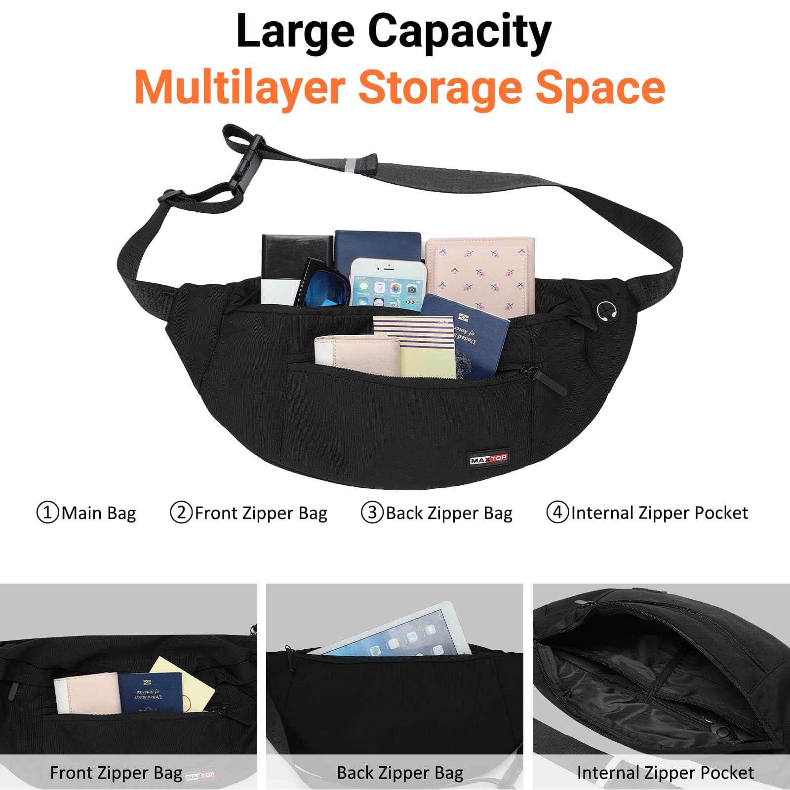 MAXTOP Grand sac banane à bandoulière avec 4 poches à fermeture éclair, cadeau pour profiter du sport, festival, entraînement, voyage, course à pied, portefeuille mains libres, sac banane pour