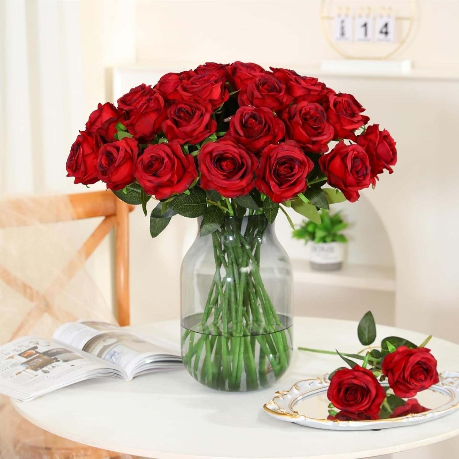 Artificial Roses, Fake Roses, Artificial Flowers, 36 PCS Long Stems Silk Fake Flowers for Wedding Bouquet Centerpiece Party Decor(Deep Pink)