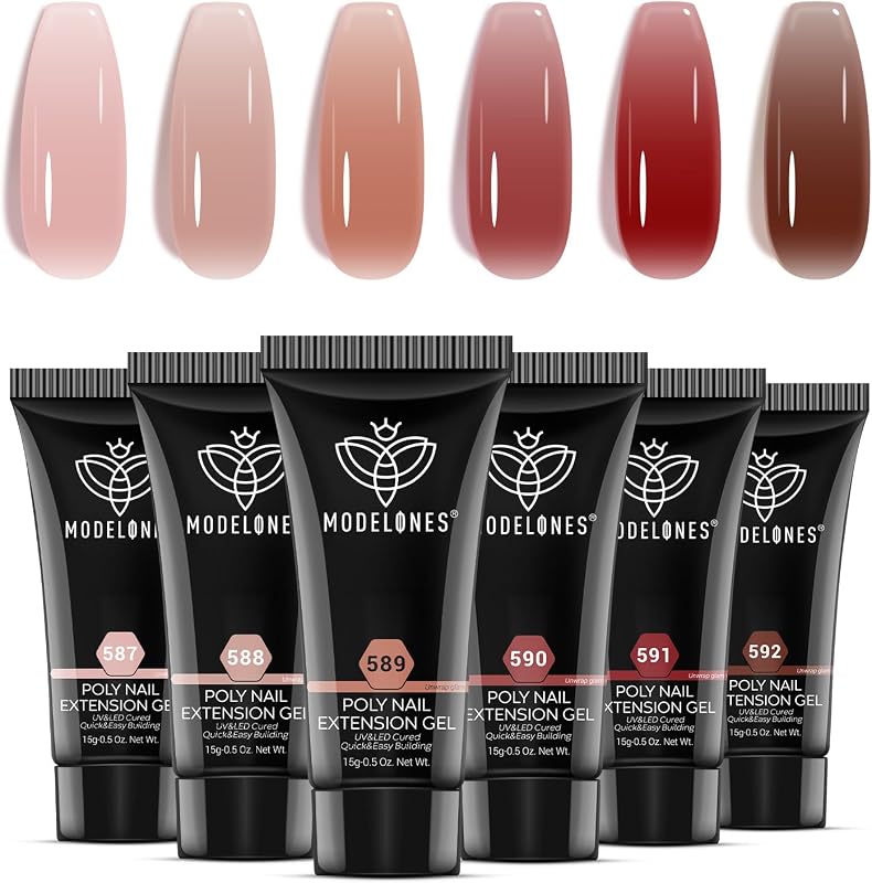 modelones Poly Nail Gel Set 6 Colors Jelly Brown Skin Tones Neutral | Poly Extension Gel Nail Enhancement Builder Starter Home DIY Manicure Nail Art Gift