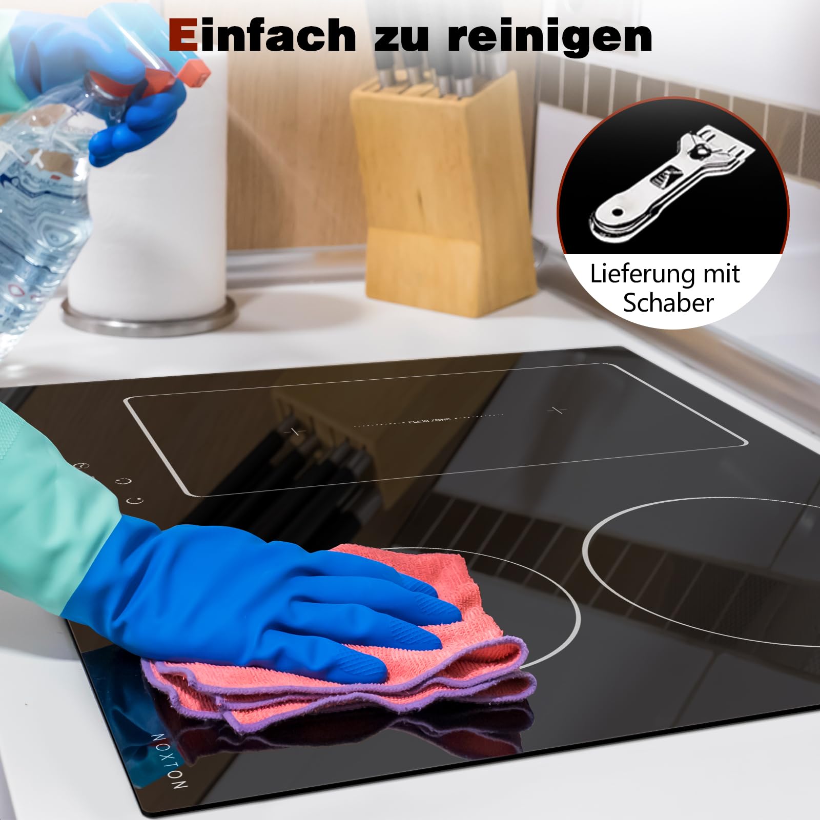 NOXTON Induktionskochfeld 60 cm, Autarkes Induktionsfeld 4 Platten, 7200W | Flexzonen, Kochfeld Induktion mit Schieberegler, Booster, Timer, Kindersicherung, 220V-240V, kein Stecker