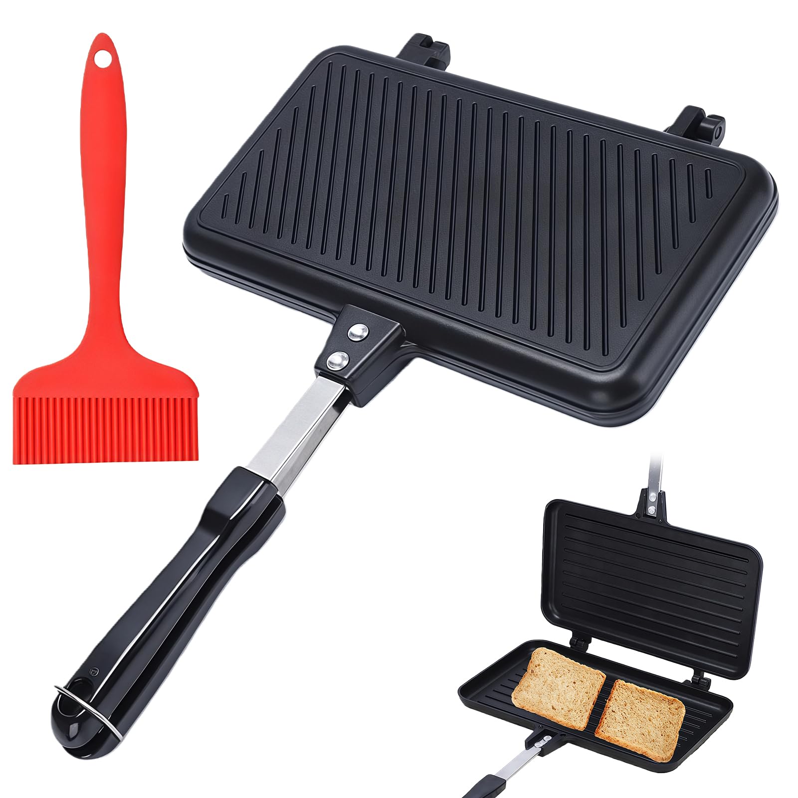 Molde de doble cara para sándwiches: 37 x 25 x 4,4 cm, sartén de doble cara con cepillo de aceite, sartén antiadherente de aluminio con asa, bandeja para hornear sándwiches para uso doméstico y