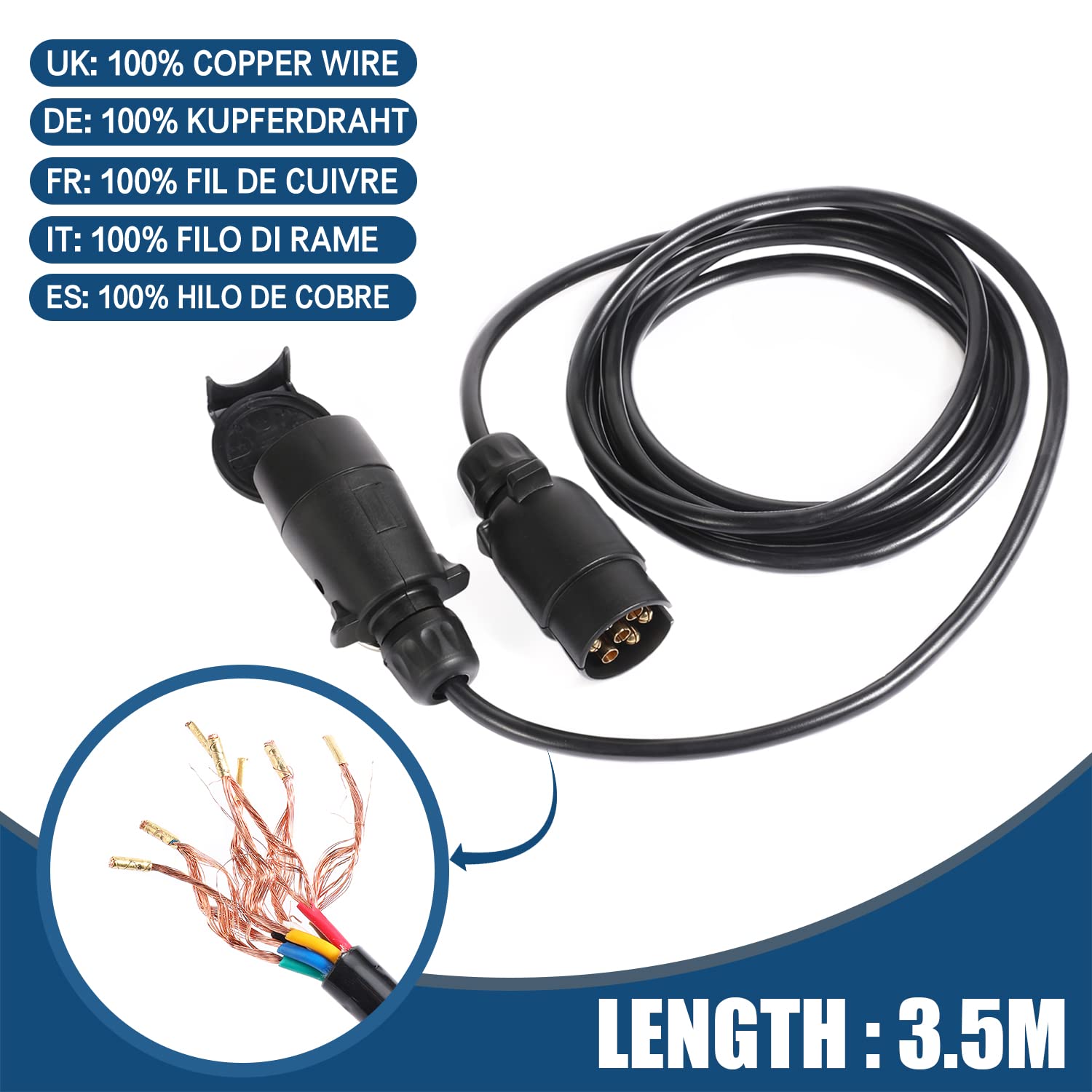 Cavo Rimorchio 7 Poli 3,5M, Cavo Rimorchio Impermeabile 12V, con Spina Presa 7 Poli Rimorchio Cavo, per Caravan Camion Trattori RV Auto Trattore Rimorchio Cavo (3,5M Rimorchio Cavo 7 Poli)