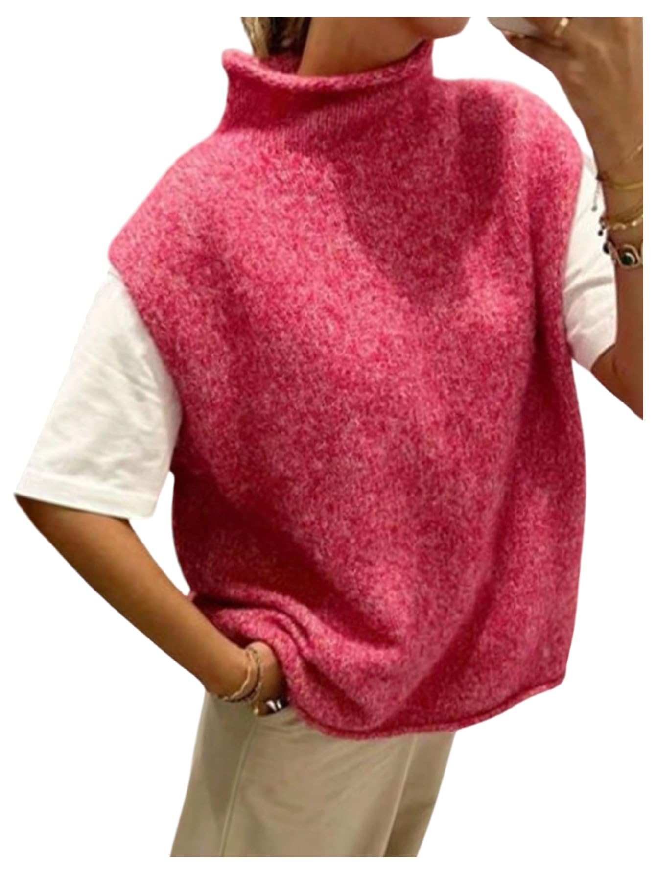 GORGLITTER Womens Cap Sleeve Fuzzy Sweater Vest High Neck Loose Pullover Knit Tank Tops