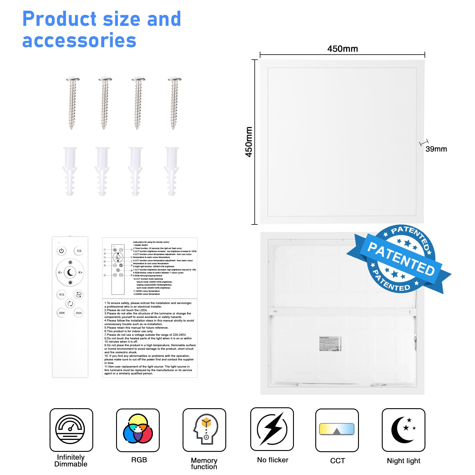 Oraymin LED Panel Deckenleuchte RGB, 45x45 cm Deckenlampe Dimmbar mit Fernbedienung, 28W 3100LM LED Panel Farbwechsel, Speicherfunktion, 3000K-6500K Quadrat Lampe für Wohnzimmer Schlafzimmer