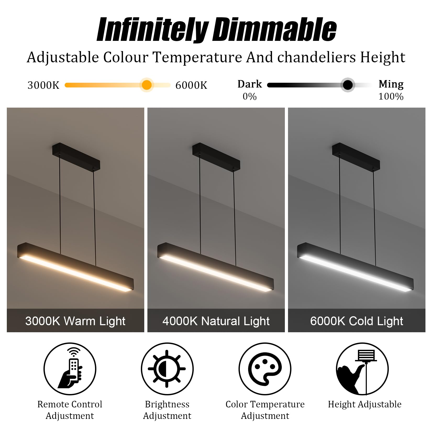 Klighten Led Lámpara Colgante De Comedor, Regulable 3000K–6000K, Lamparas de Techo Con Mando a Distancia, Lámpara De Comedor Diseño Lineal Altura Ajustable 150cm, Para Cocina Oficina, 60Cm/20W, Negro
