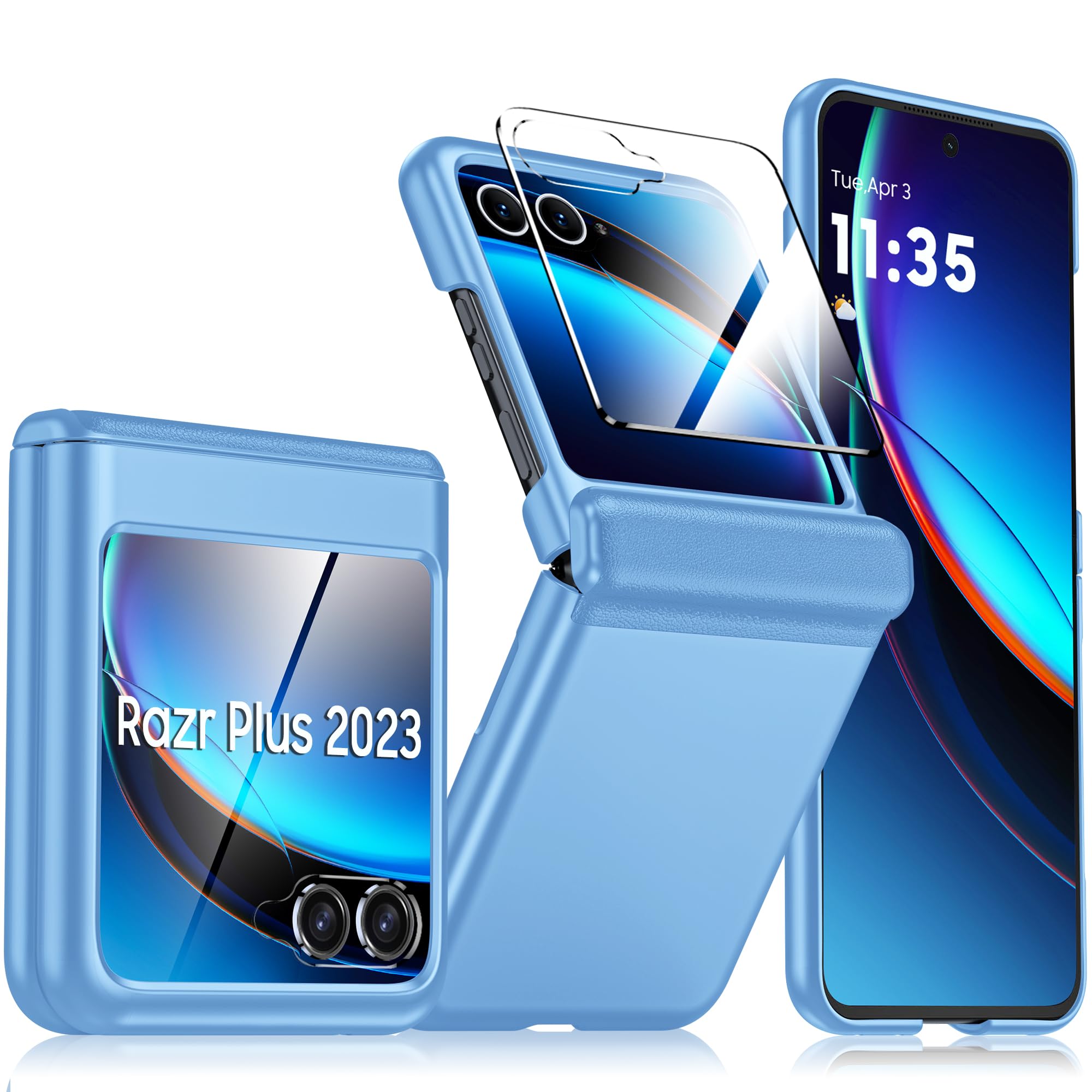 for Motorola Razr Plus 2023 Case, Built-in Screen Protector& Hinge Protection& Ultra Thin Matte PC Shockproof Phone Cover Smartphone Case for Moto Razr + (Sky Blue)