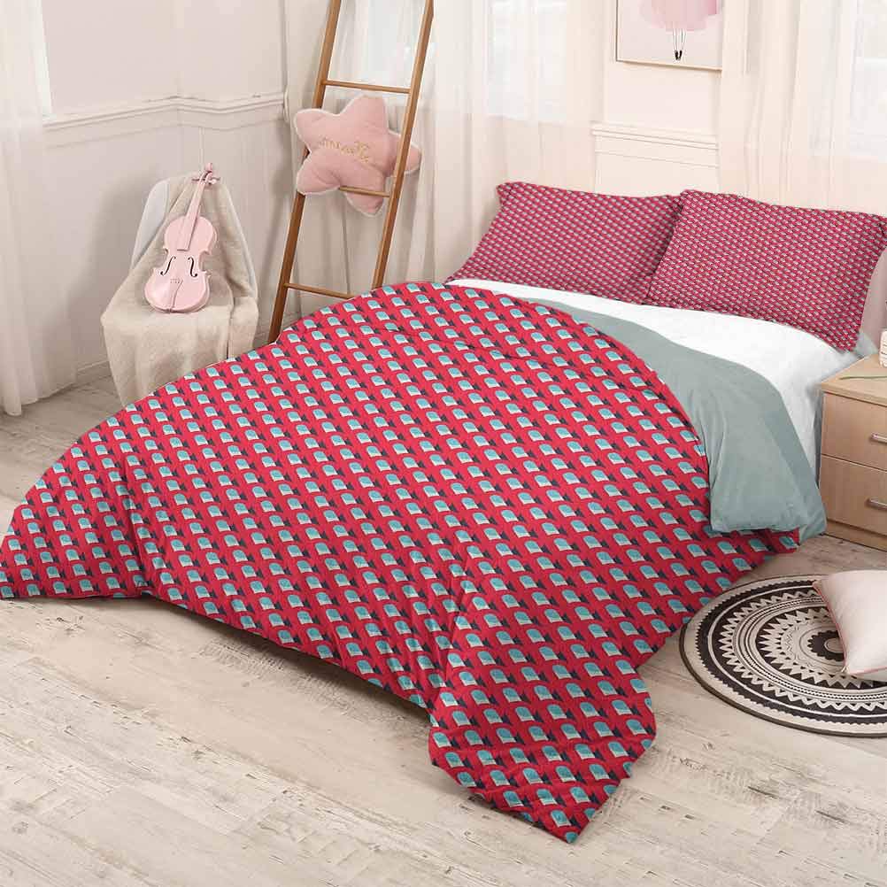 prunushome Abstract 3 Piece Bed Sets Pattern in Retro Style with Simple Repeating Ornamental Shapes Lightweight Blue Dark Blue Dark Coral 71x87in/20x30inx2