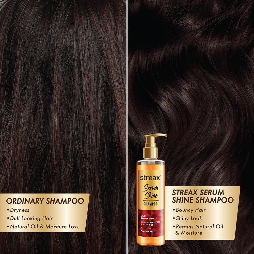 Streax Champú brillante para cabello encrespado y seco, sin parabenos, con activos de silicona, controla el encrespamiento, para cabello suave y brillante, 240 ml