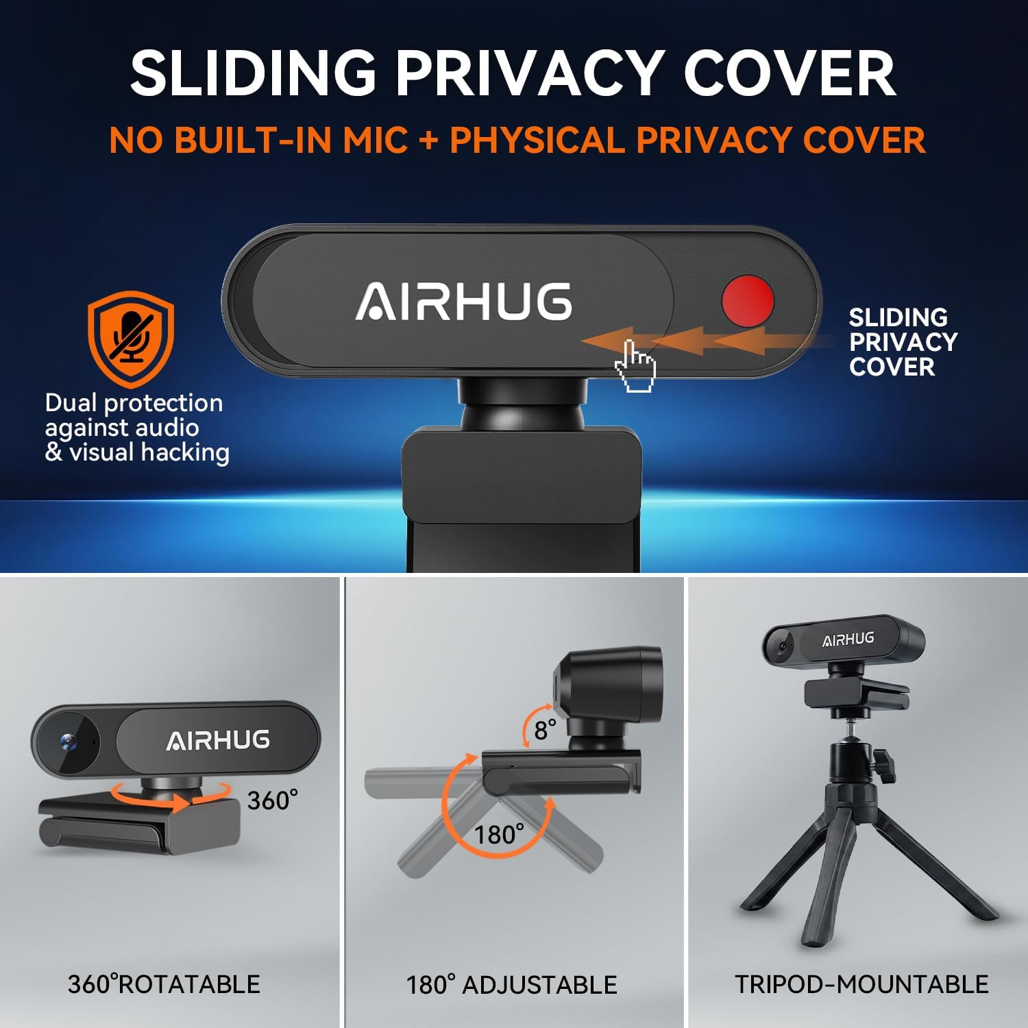 AIRHUG 4K UHD USB Webcam No Mic with Privacy Cover for Secure Meetings - 16MP Sony Sensor, PDAF Fast Focus, 63° Gold FOV, Auto Light Balance, Streaming Camera Without Audio for PC/Laptop/Desktop