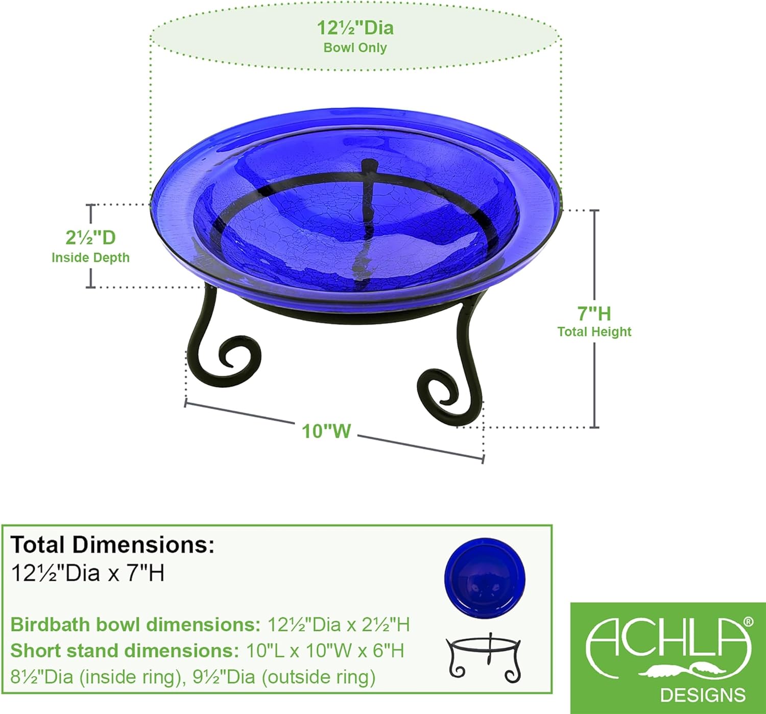 12" Cobalt Blue Crackle Birdbath- Short Stand