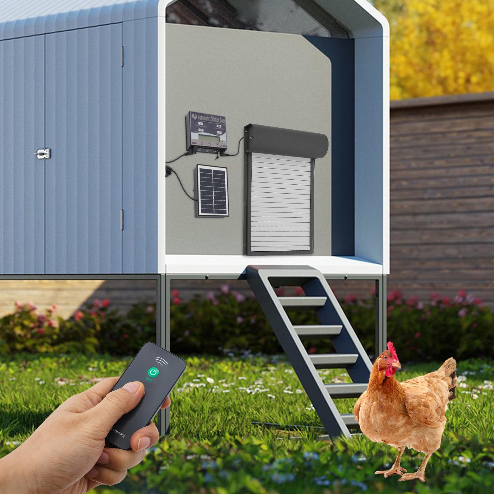 Puerta de pollo automática solar con panel de control, puerta de pollo eléctrica abridor de puerta con mando a distancia/manual/temporizador/modo sensor de luz para aves de corral (negro)