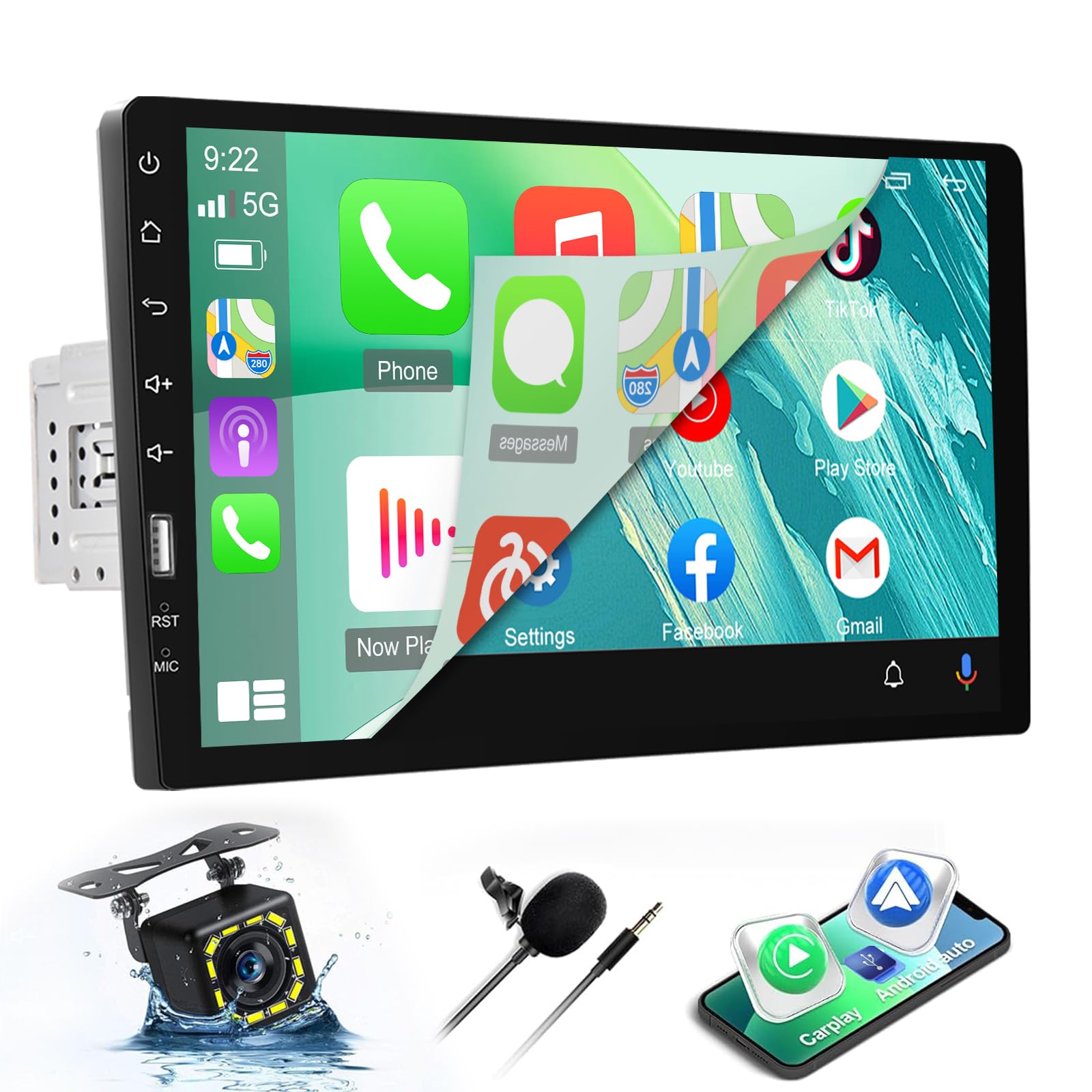 Radio 1 DIN con Pantalla con Carplay y Android Auto - 9 Pulgadas Pantalla Táctil Radio Pantalla 1 DIN con Igualador, Enlace Espejo, Bluetooth, Radio FM, SWC + Cámara de Marcha Atrás