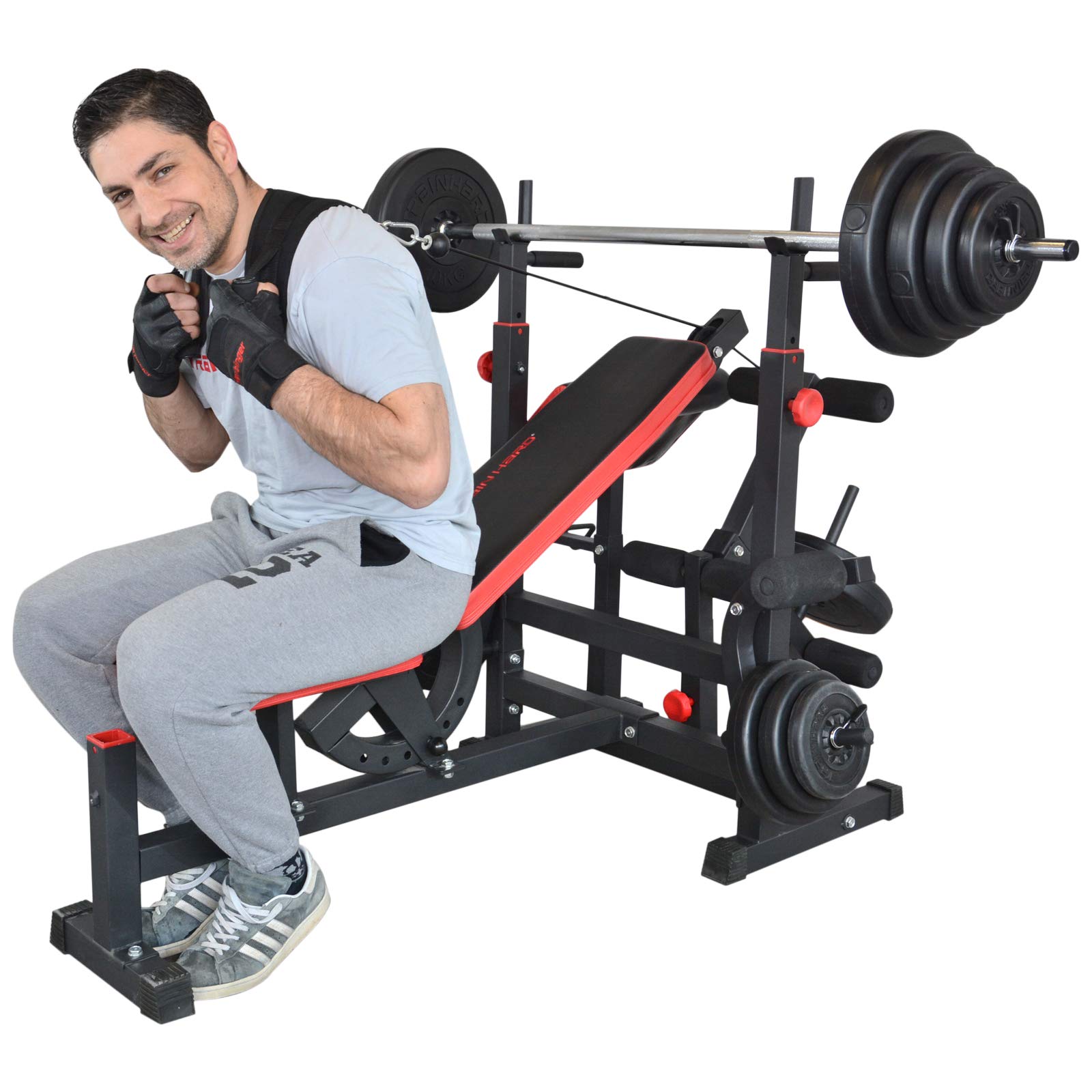 TrainHard Multifunktion Hantelbank Trainingsbank Kraftstation mit Lang- und Curlhantelset 100KG