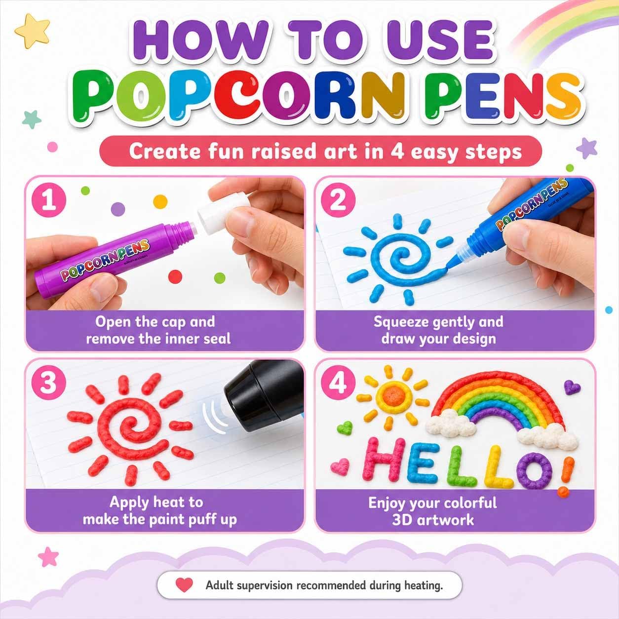 Popcorn Pens, 2026 New Popcorn Pen Puffy, 3D Drawing Kit for Kids, Create Fun Textured Artwork on Cards and Crafts, Creative Activity Supplies for School Projects and Gifts (12pcs,3 Box)
