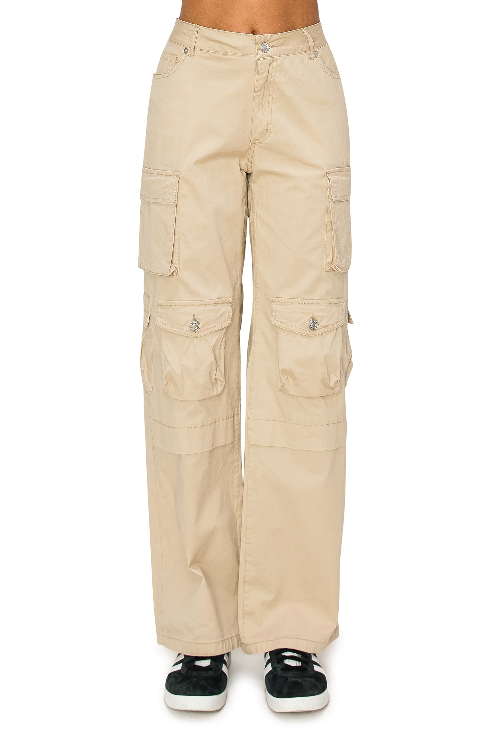 Cali1850 Womens Twill Cargo Pants Low Rise Wide Leg 10 Multi Pockets Stretch Casual Streetwear Trousers