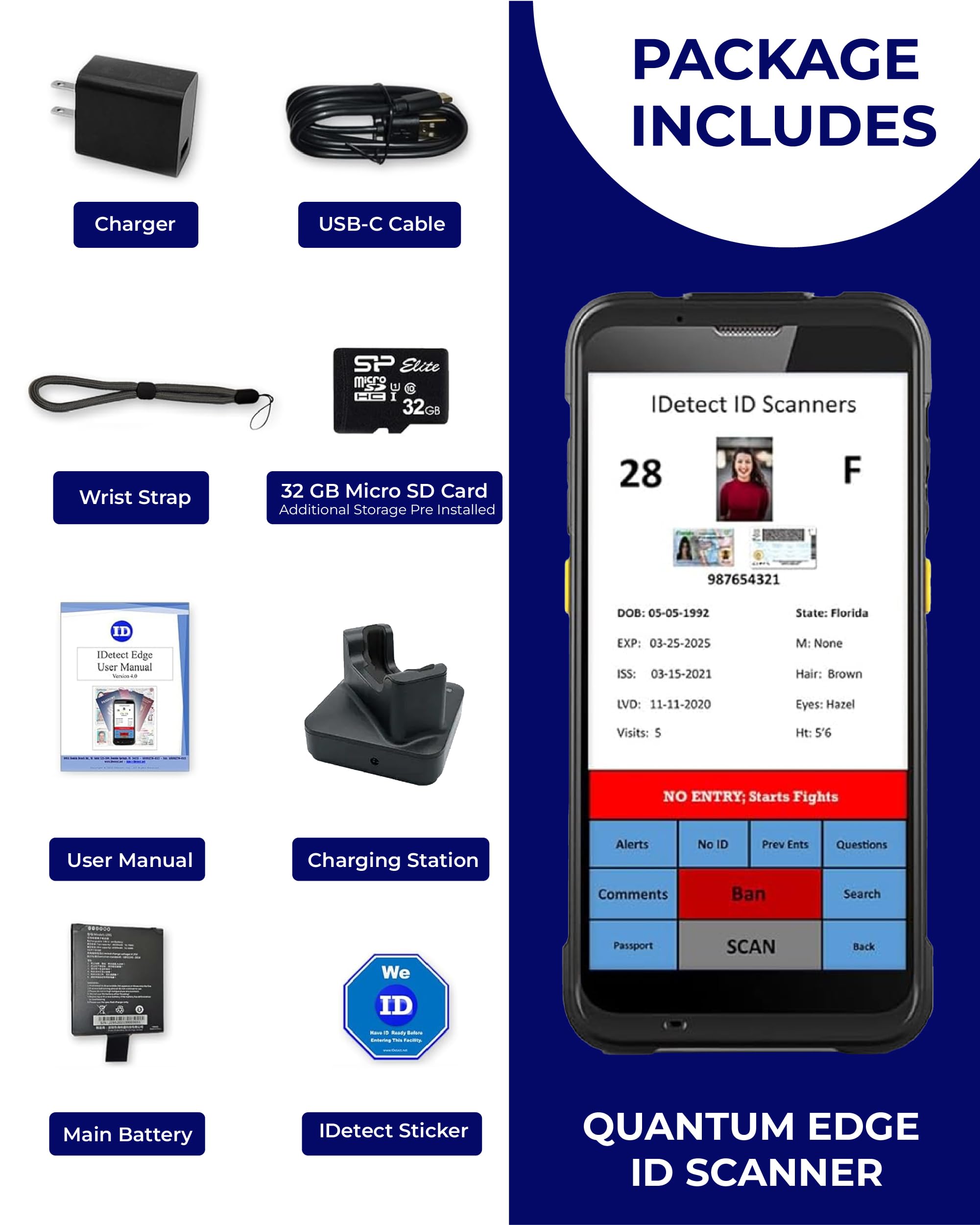 IDetect.net Quantum ID-Scanner Maschine, Handlesegerät und Sammler, Altersverifizierung, Fahrerlizenz Smart Scan Scanner, inkl. Ladegerät und Daten-Sync-Software mit Allen Upgrades