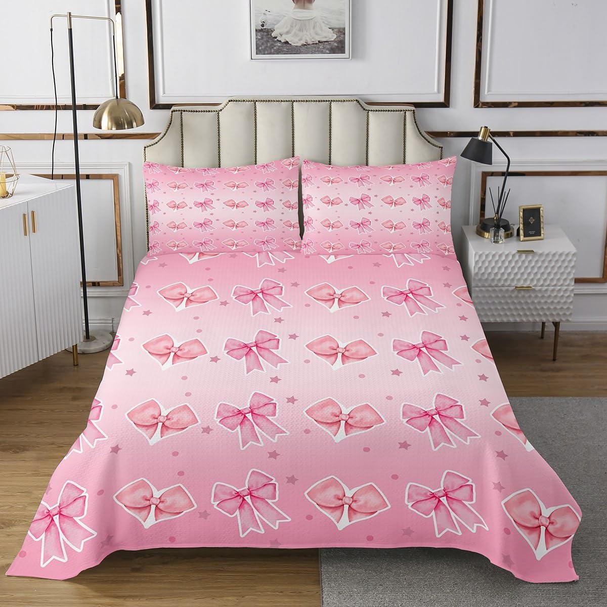 Erosebridal Dreamy Ribbon Bow Bedspread Set King,Cartoon Stars Galaxy Bed Set for Girls Kids,Girly Bowknot Coverlet Set,Striped Bowknots Bedding Set