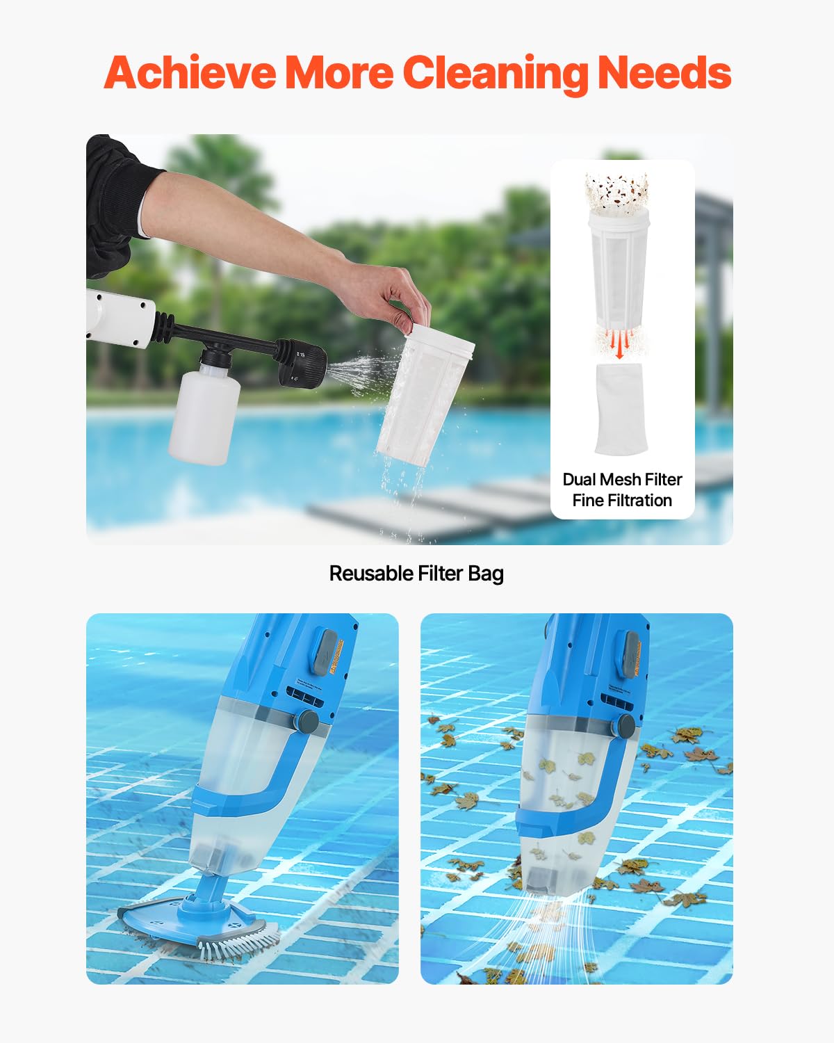 VEVOR Bezprzewodowy odkurzacz basenowy (100 l/min) do jacuzzi z drążkiem przedłużającym, do wielokrotnego ładowania, działa do 1 godziny, do spa nad ziemią/wpuszczoną
