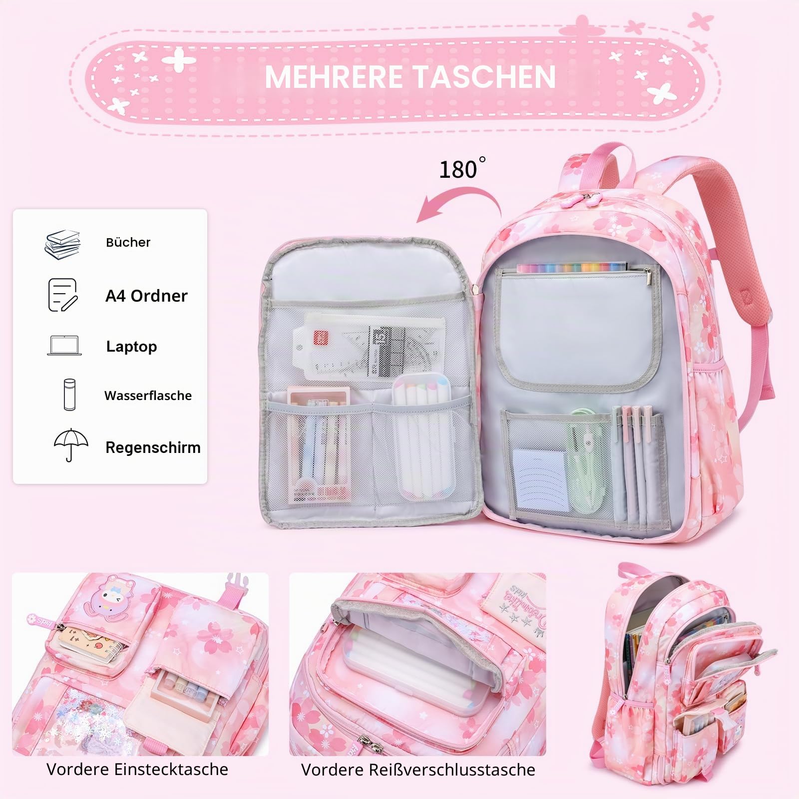 Mädchen Rucksack, Lagre Capacity Rucksack für die Schule, mit Laptopfach, Mädchen-Rucksäcke für Grundschule (Kinder-rucksack + Isolierte Lunchtasche + Federmäppchen, Rosa)