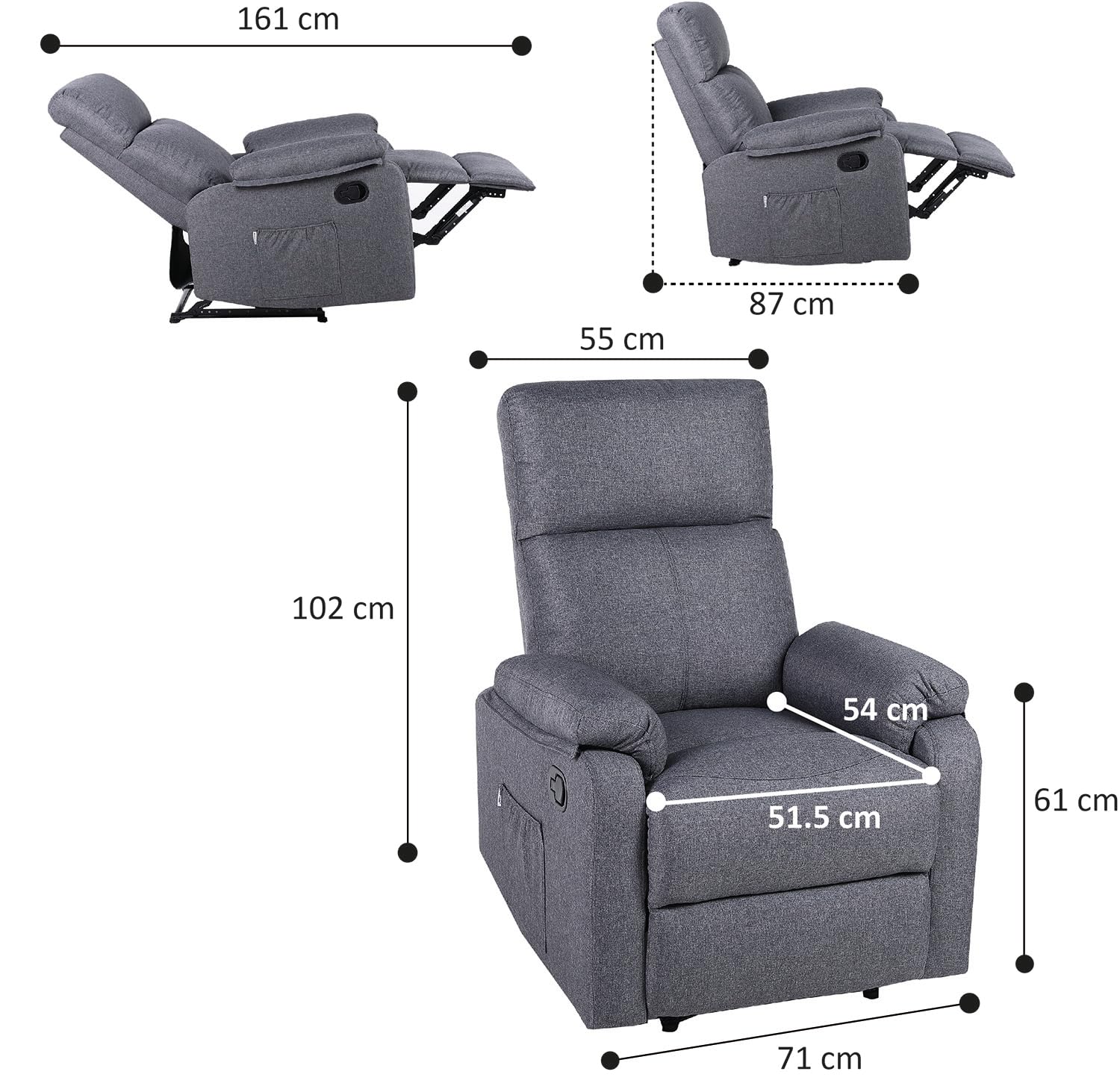 ECODE® Sillón Reclinable Manual de Tela con Calor Lumbar, Reposabrazos Lavables y USB de Carga – Comodidad para Personas Mayores en Salones o Espacios Reducidos