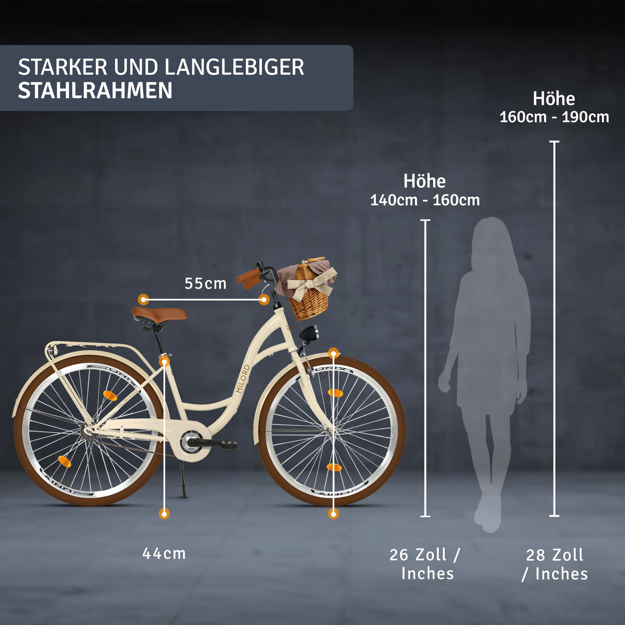 Bicicletta comfort con cestino di vimini, bicicletta olandese da donna, City bike, beige marrone, 1 marcia, 28 pollici