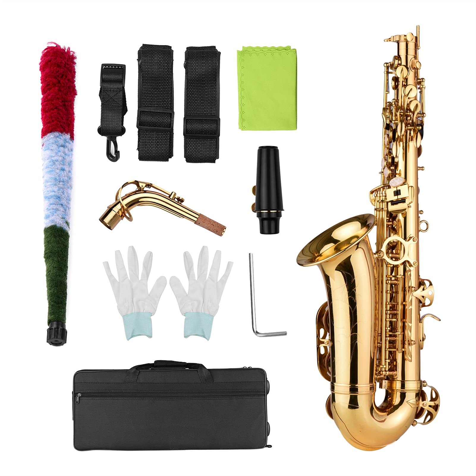 Kit para Principiantes Saxo EB Alto Saxofón Latón Lacado Alto Sax Instrumento de Viento con Estuche de Transporte Guantes Straps Limpieza Limpieza Cepillo