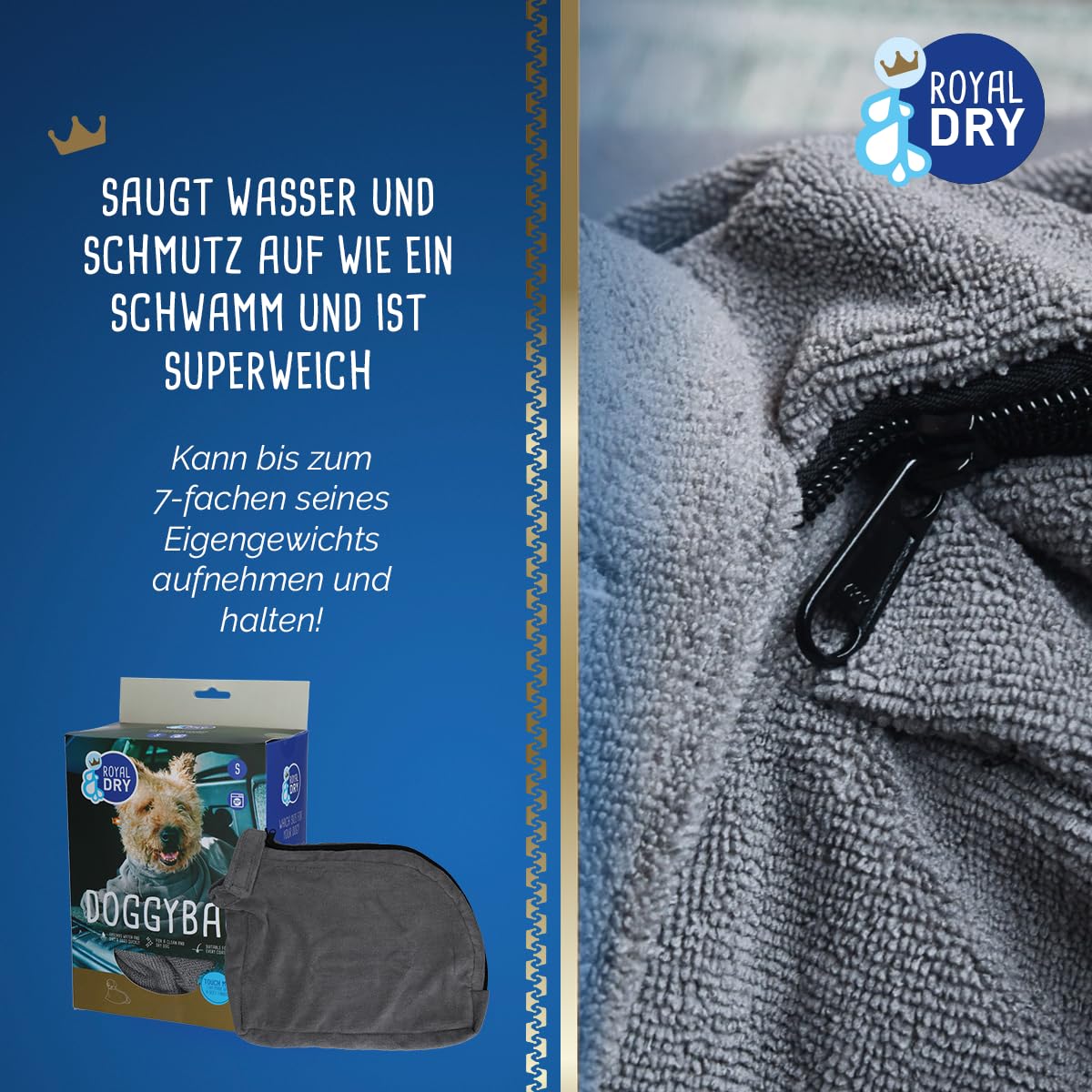 Doggybag - Mikrofaser-Hundetrockenbeutel - M - Rückenlänge 60 cm - Hundehandtuch - Extra SaugfäHig und Schnell Trocknendes mit Klettverschluss - Grau