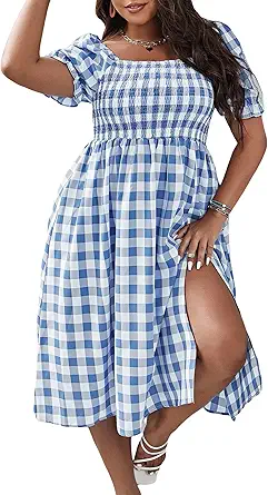 Floerns Women's Plus Size Floral Print Tie Front Square Neck Slit Hem Midi Dress