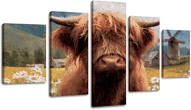 Weone Artwork 5 Panel Canvas Wall Art Farmhouse Scottish Highland Cow Rustic Country Farm Ranch Wildflowers Stretched & Framed Art Prints Modern Painting Wall Decoration Ready to Hang Unique Designed