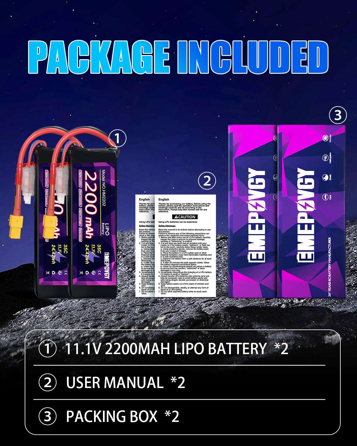 Batteria Lipo da 11,1 V 3S 2200 mAh 35C con spina XT60 per FPV Drone Quadcopter RC Airplane Aircraft (2 confezioni)