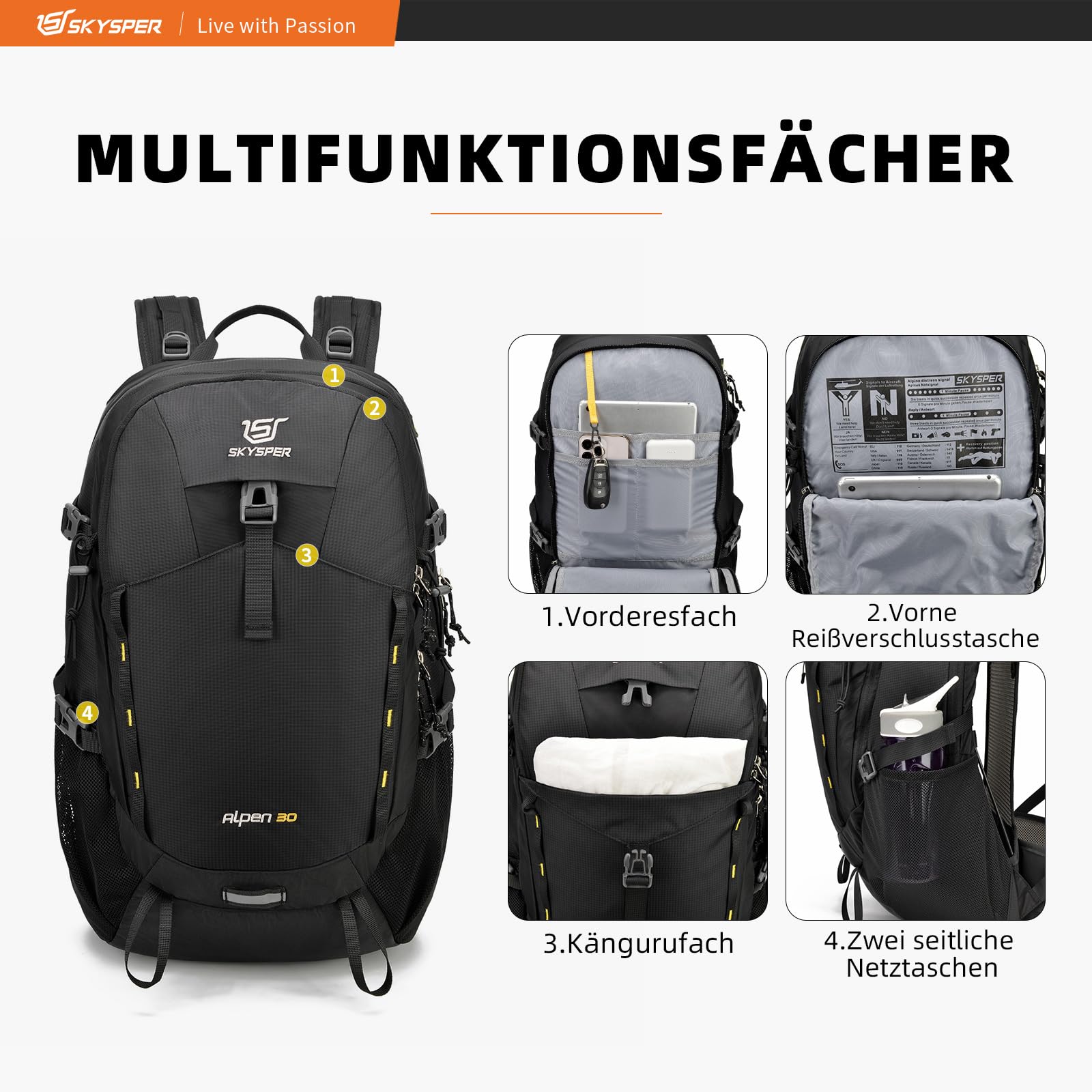 SKYSPER Zaino da Hiking Professionale 30L, Zaino da Trekking Impermeabile con Copri Pioggia Zaino con Ventilazione Posteriore per Escursioni Viaggi Campeggio