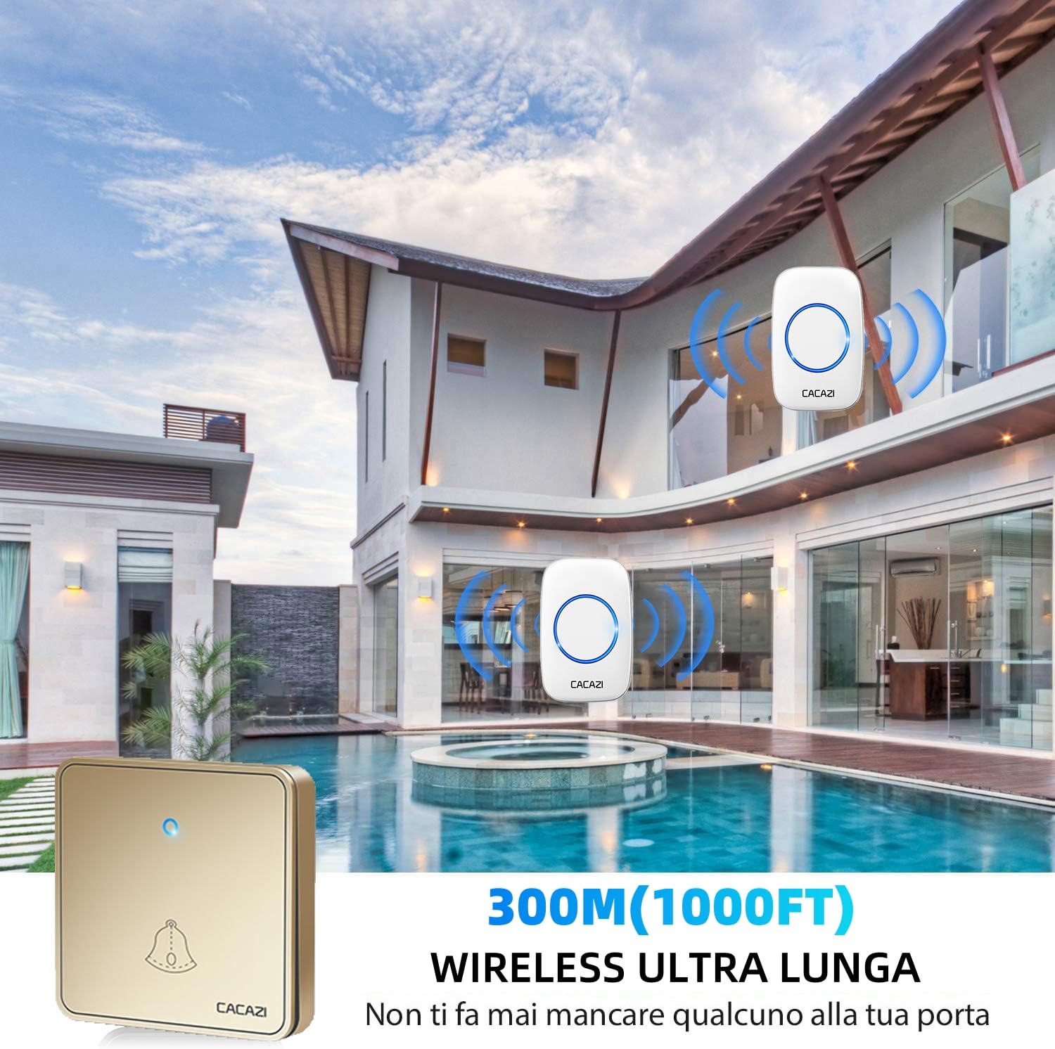Timbre Inalámbrico para Puerta, Timbre Impermeable 3 Transmisor y 2 receptores con LED Flash Volumen Ajustable 60 Melodías 300M Rango,White Gold