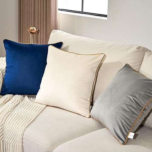 Vista 35 de Aeckself Pack of 2 Navy Blue Velvet Pillow Covers 24 x 24 Inch, Large Modern Luxury Decorative Pillowcase with Gold Trim Edge, Comfortable Soft