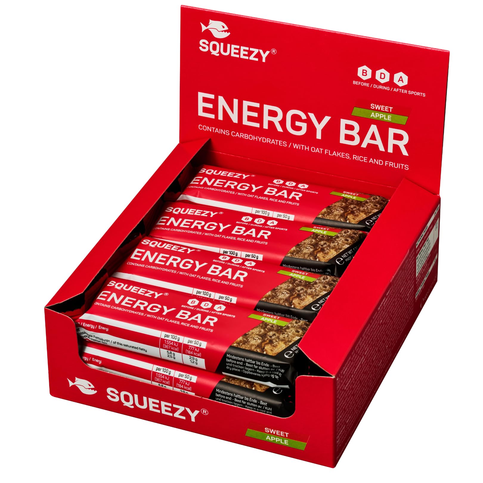 Squeezy Energy Bar 12er Pack - Kohlenhydratreicher Energieriegel - Fitness & Energie Booster für den Ausdauersport (Apfel)