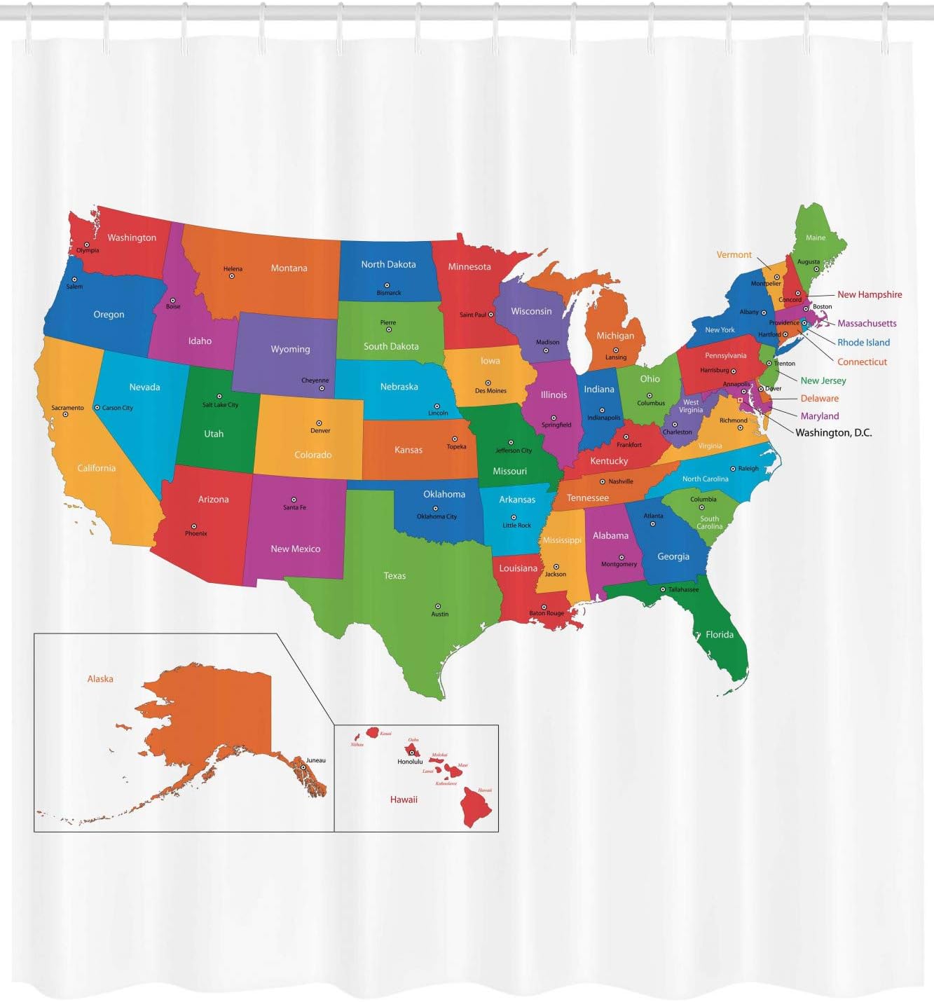 Ambesonne Colorful Shower Curtain, Design Borders with States and Cities United States of America US Map Print, Cloth Fabric Bathroom Decor Set with Hooks, 69" W x 70" L, Multicolor
